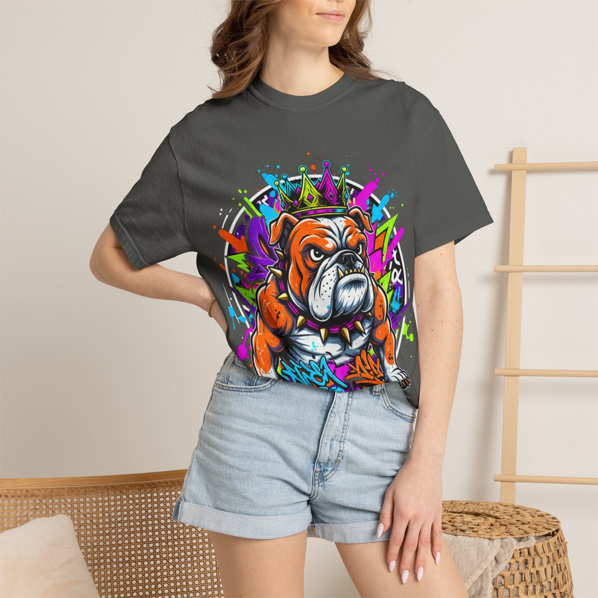 Bulldog Graffiti T-Shirt — Colorful King Crown Streetwear Tee