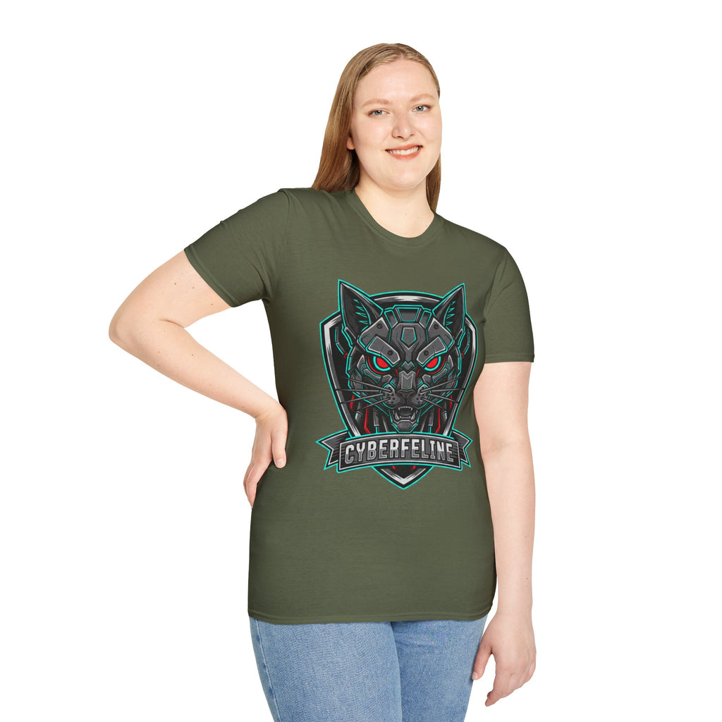 Cyber Wolf T-Shirt — Futuristic Neon Gamer Tee with 'Cyborg Feline' Badge