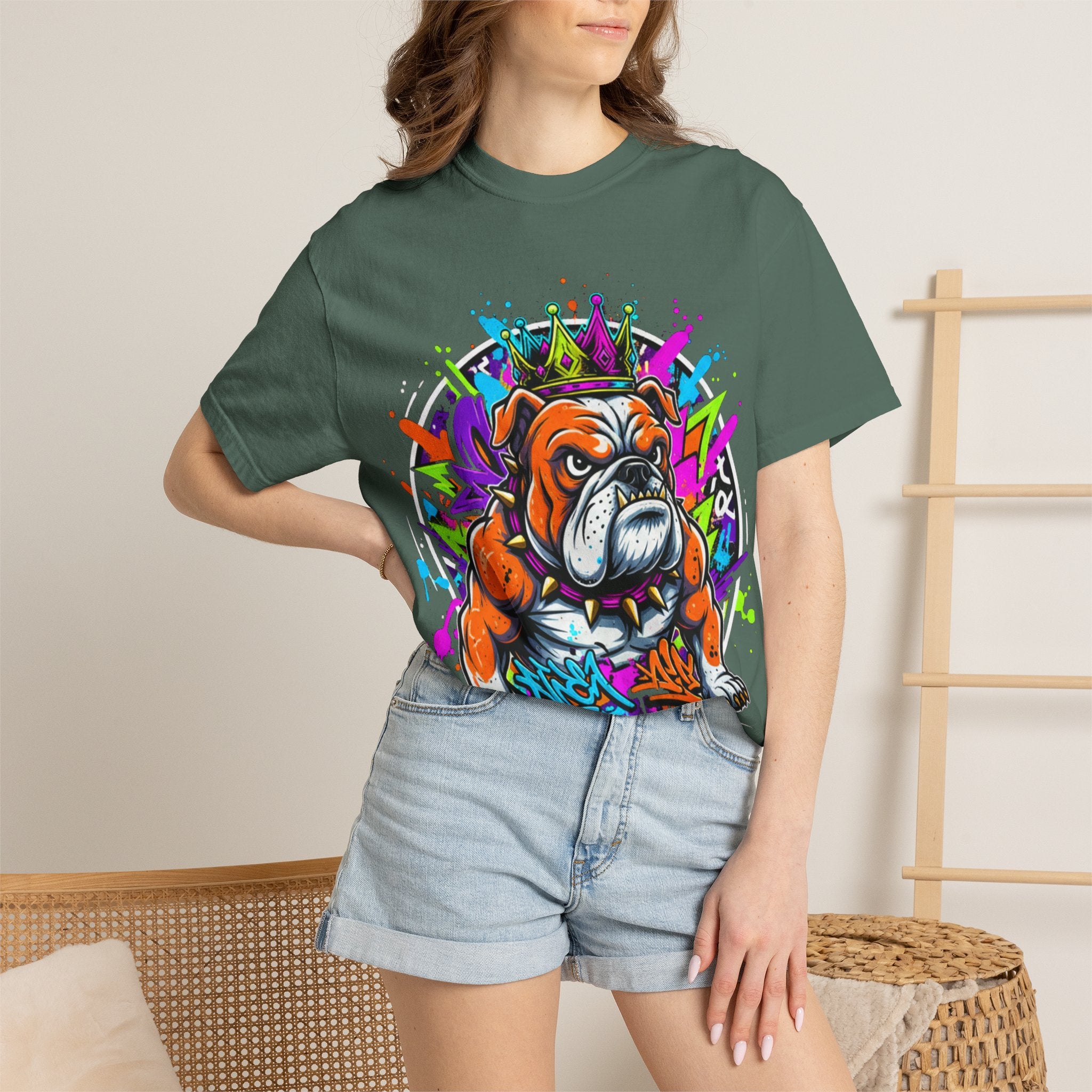 Bulldog Graffiti T-Shirt — Colorful King Crown Streetwear Tee