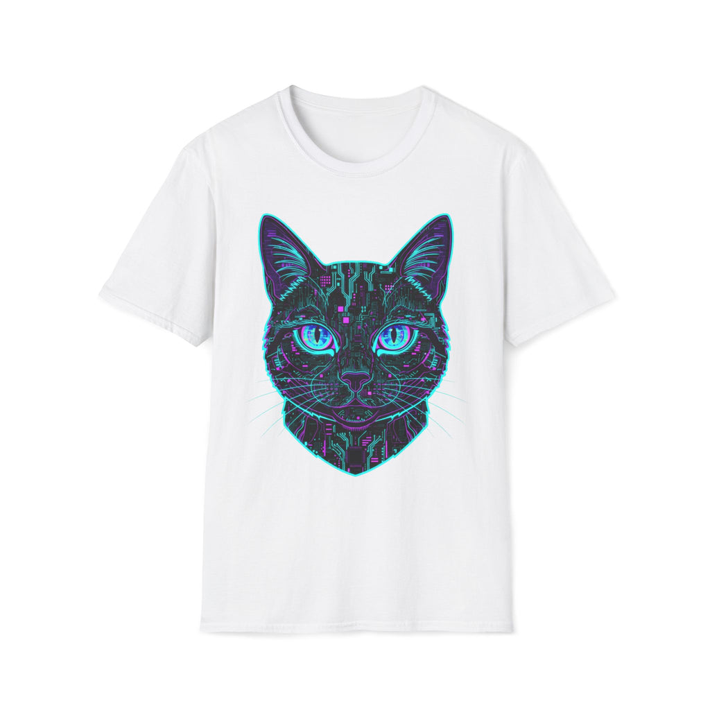 Cyber Circuit Cat T-Shirt — Neon Tech Cat Face Tee