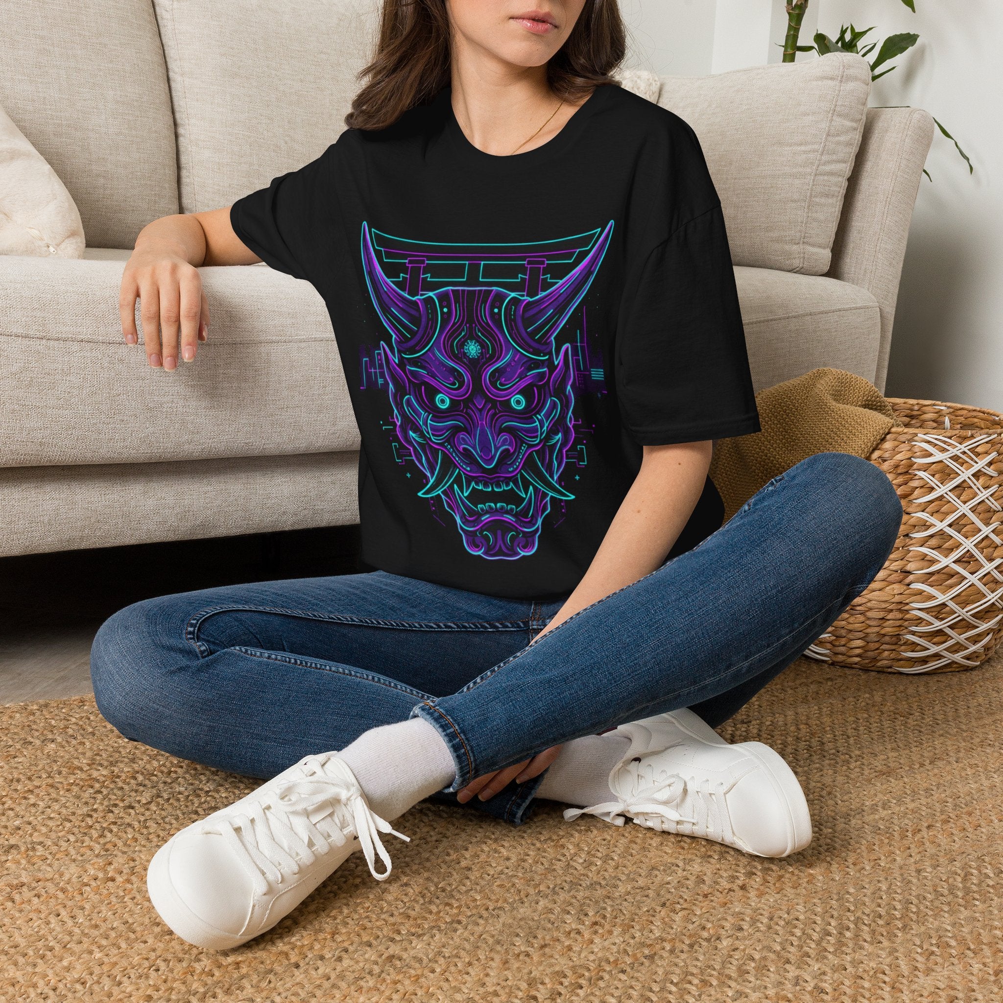Demon Oni Torii T-Shirt — Neon Japanese Mask Graphic Tee