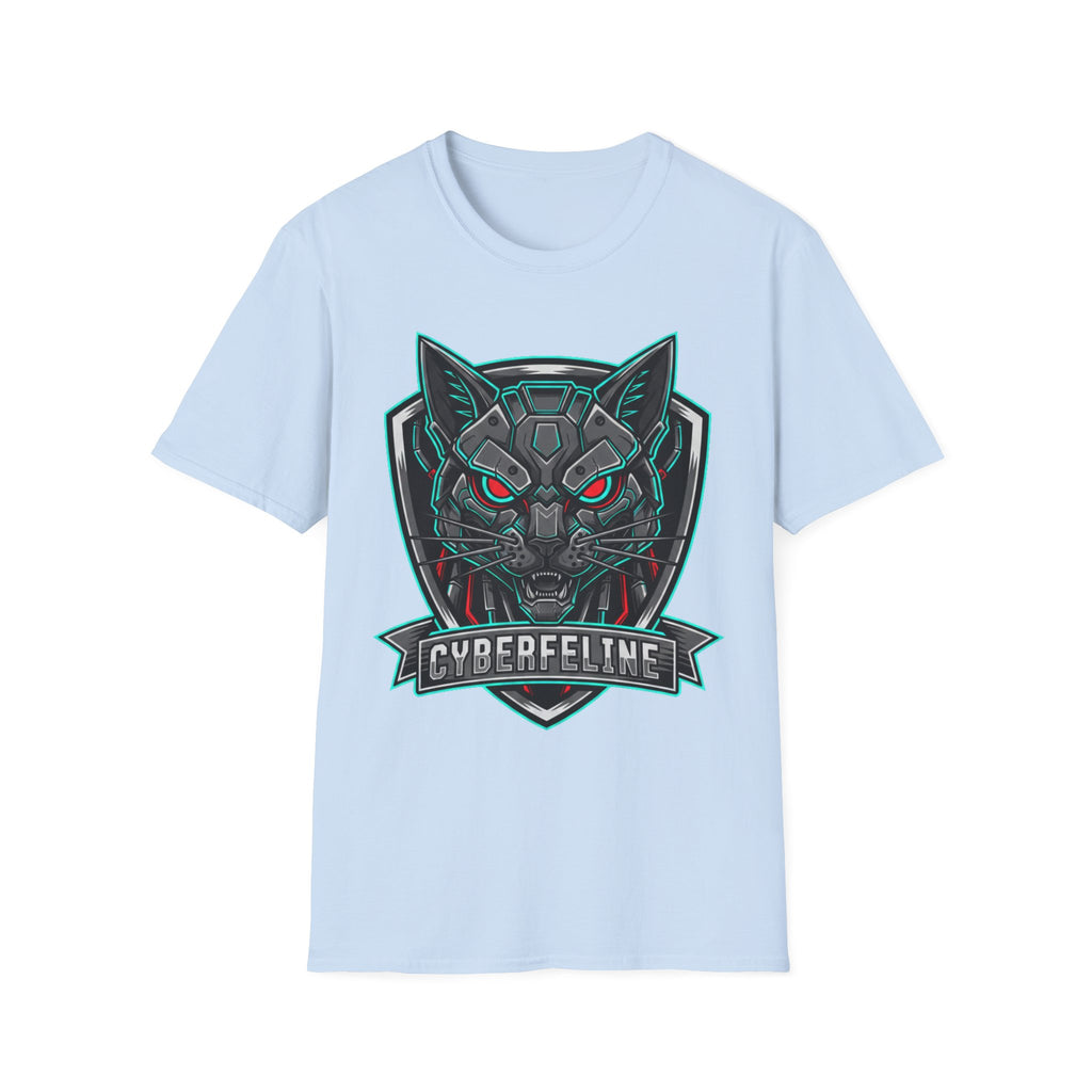 Cyber Wolf T-Shirt — Futuristic Neon Gamer Tee with 'Cyborg Feline' Badge