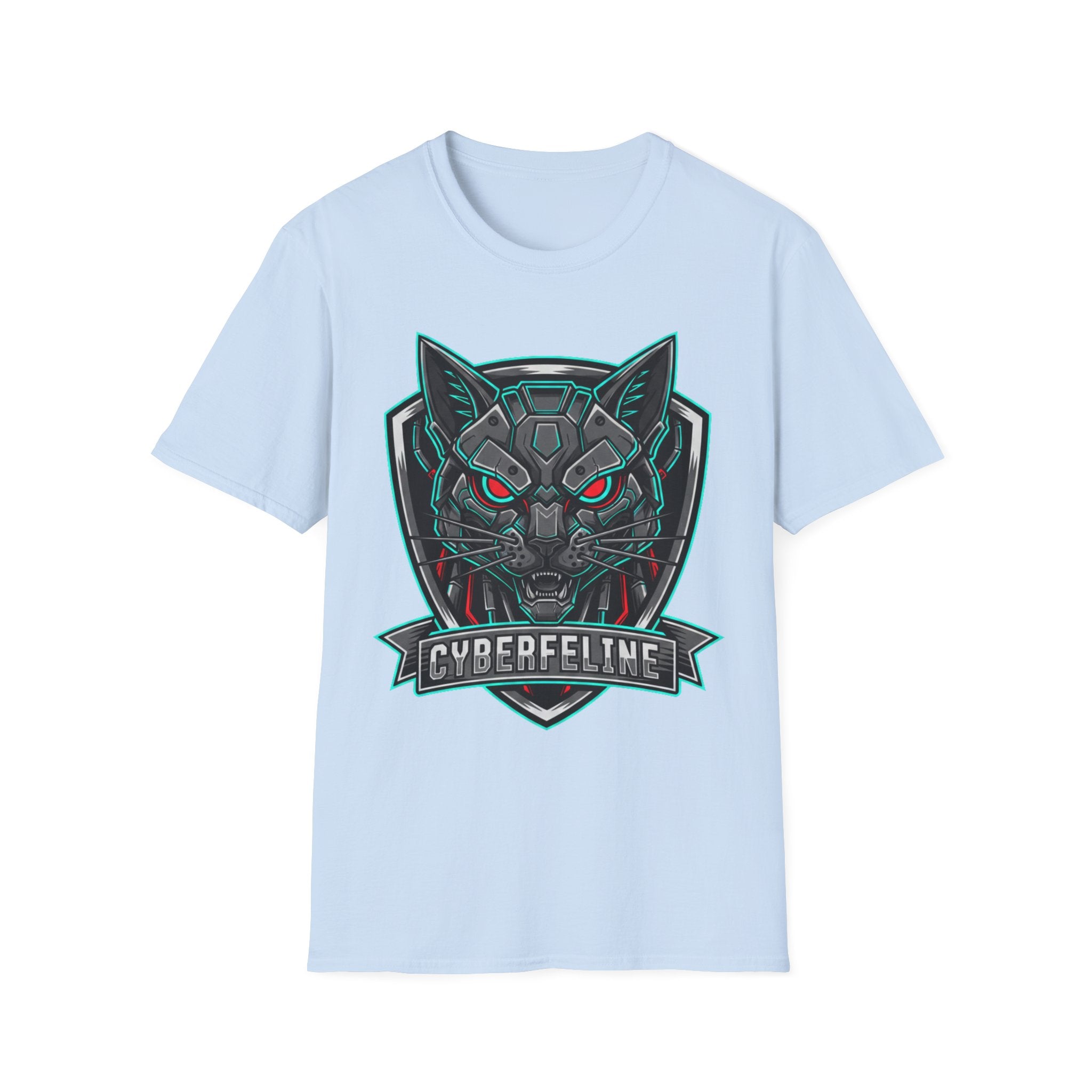 Cyber Wolf T-Shirt — Futuristic Neon Gamer Tee with 'Cyborg Feline' Badge