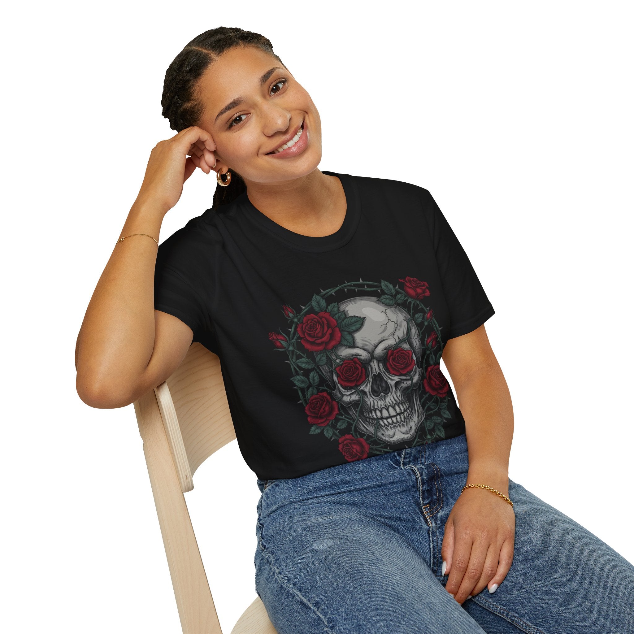 Skull & Roses Graphic T-Shirt — Gothic Floral Skull Tee