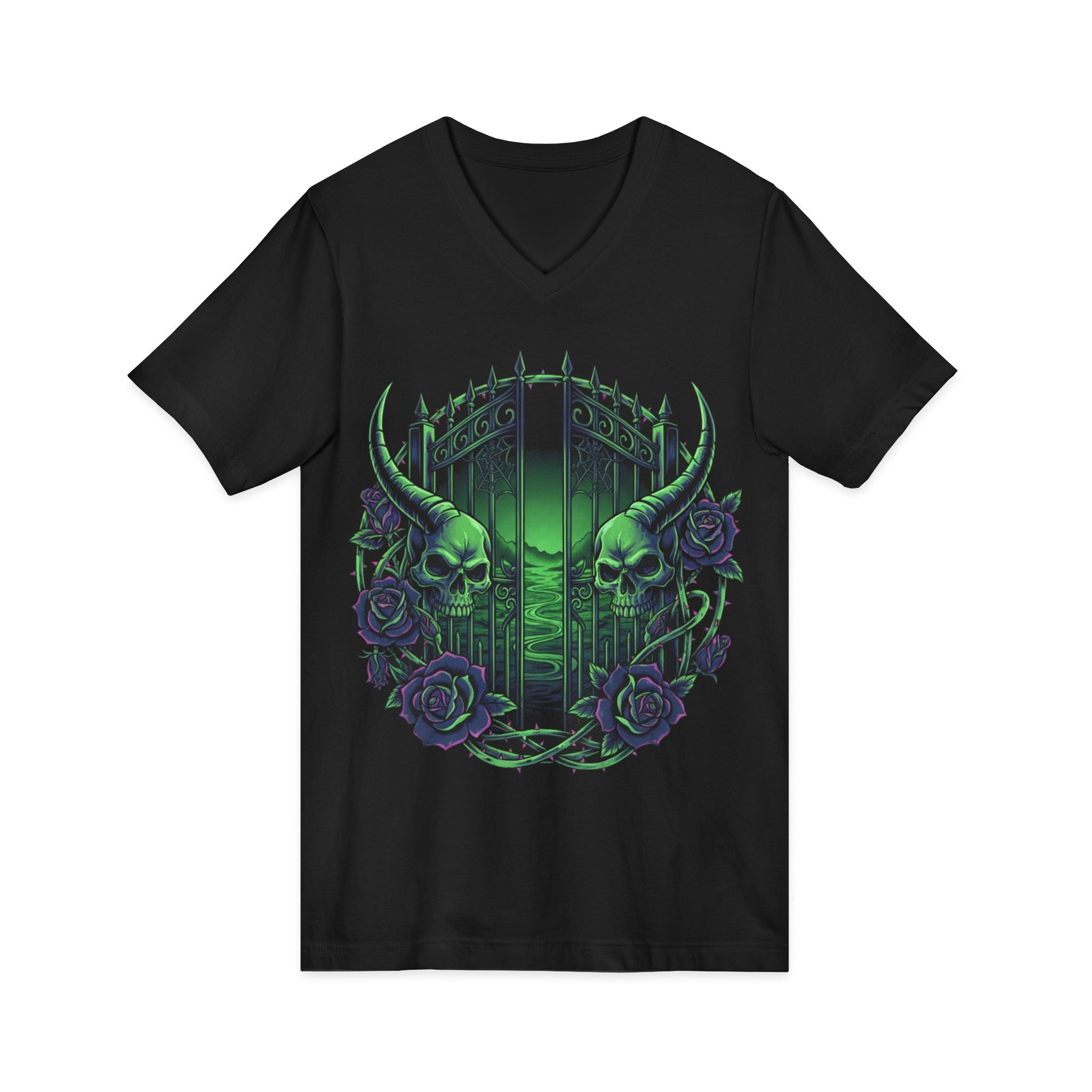 Gothic Gatekeeper V-Neck Tee — Green Skull Graveyard Design