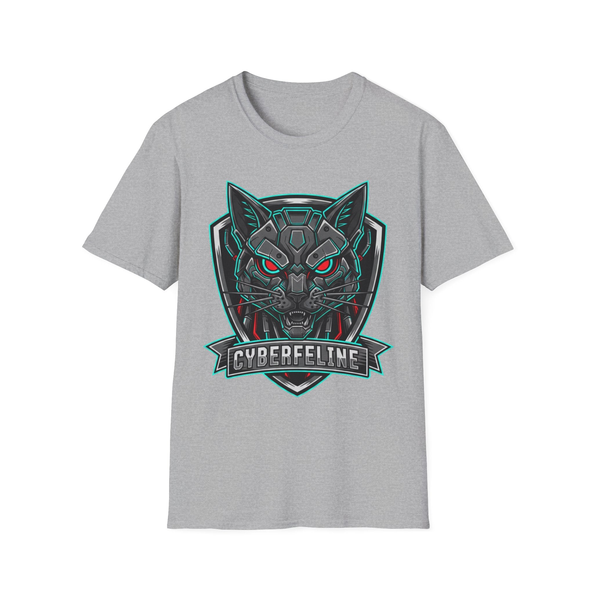 Cyber Wolf T-Shirt — Futuristic Neon Gamer Tee with 'Cyborg Feline' Badge