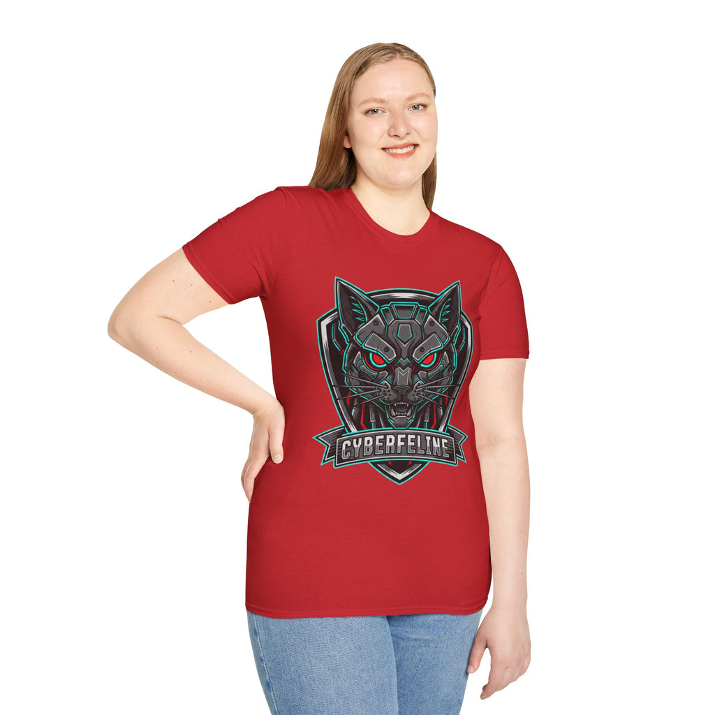 Cyber Wolf T-Shirt — Futuristic Neon Gamer Tee with 'Cyborg Feline' Badge