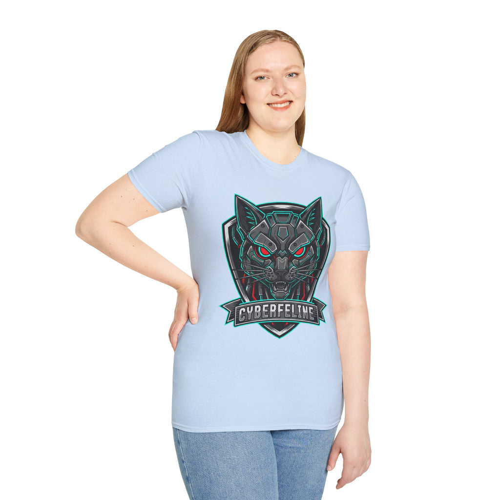Cyber Wolf T-Shirt — Futuristic Neon Gamer Tee with 'Cyborg Feline' Badge