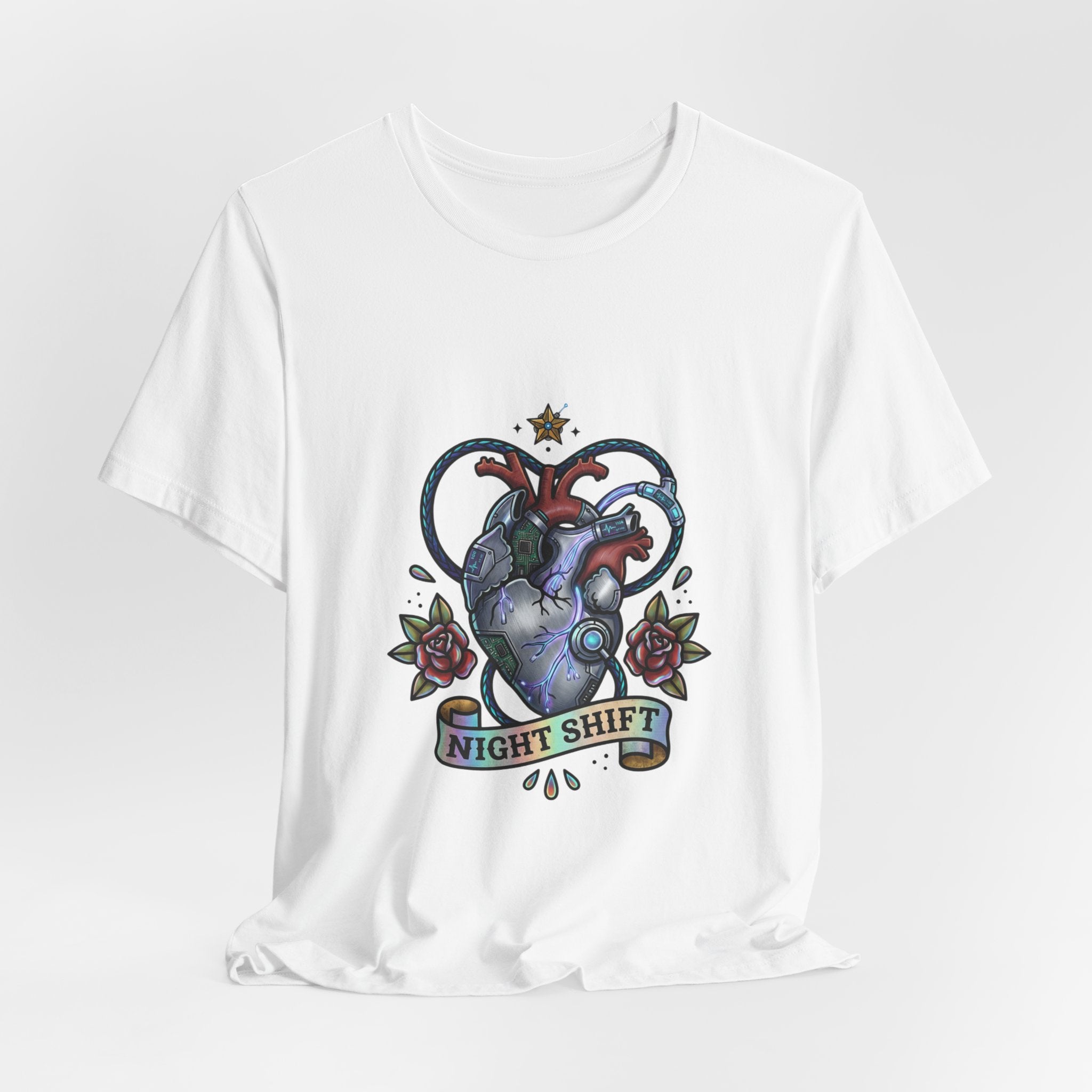 Night Shift Anatomical Heart T-Shirt | Traditional Tattoo Floral Banner