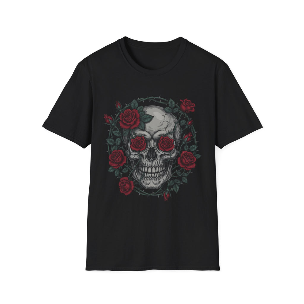 Skull & Roses Graphic T-Shirt — Gothic Floral Skull Tee