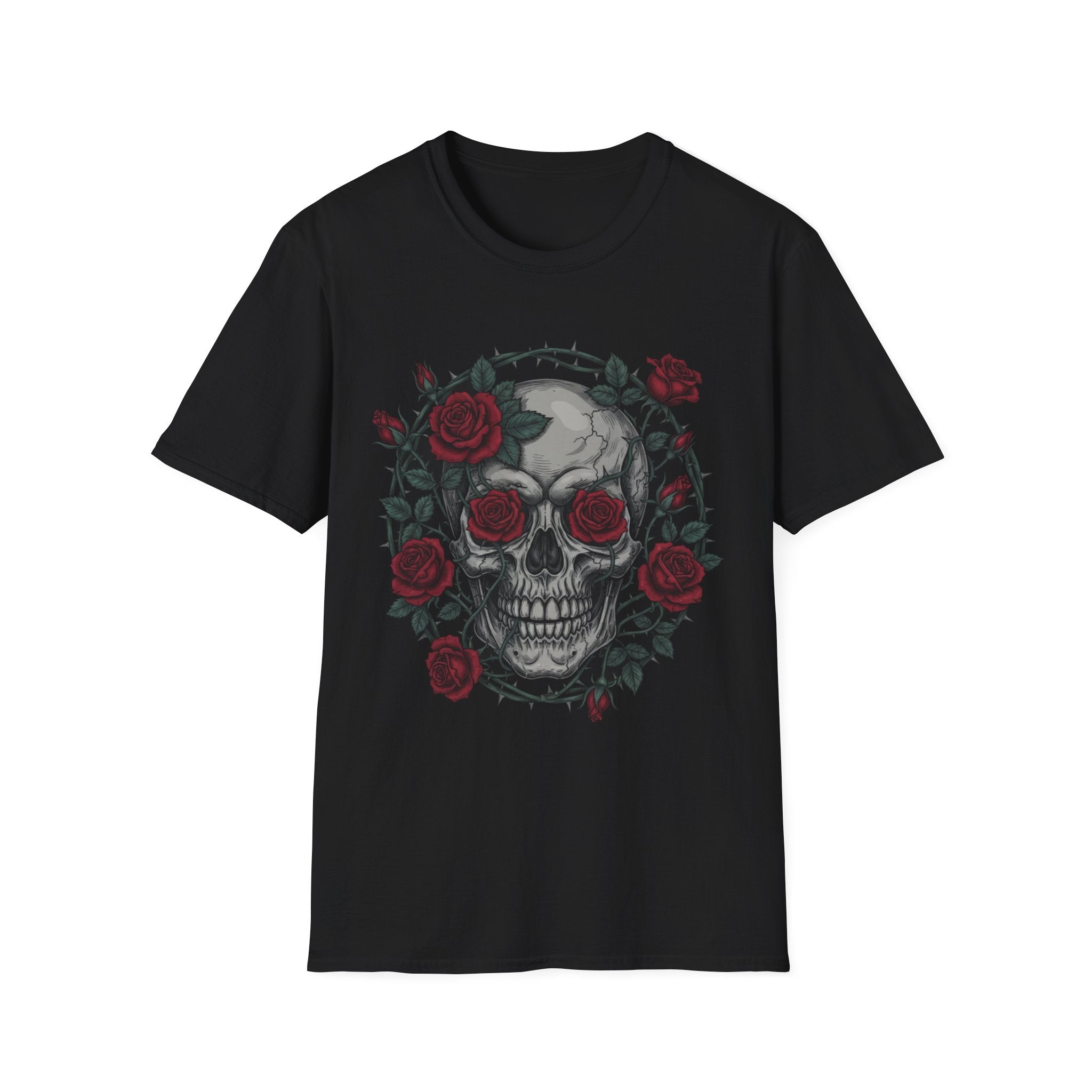 Skull & Roses Graphic T-Shirt — Gothic Floral Skull Tee