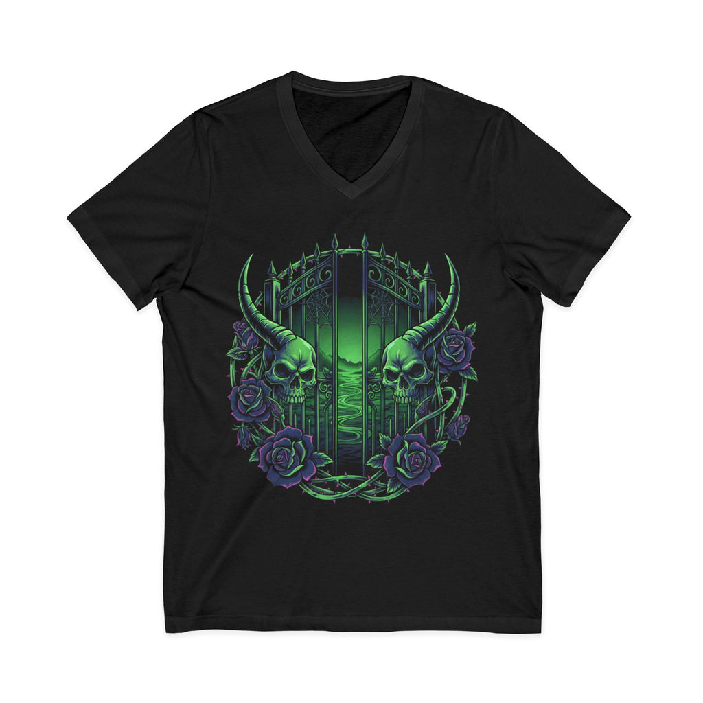 Gothic Gatekeeper V-Neck Tee — Green Skull Graveyard Design
