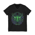 Gothic Gatekeeper V-Neck Tee — Green Skull Graveyard Design