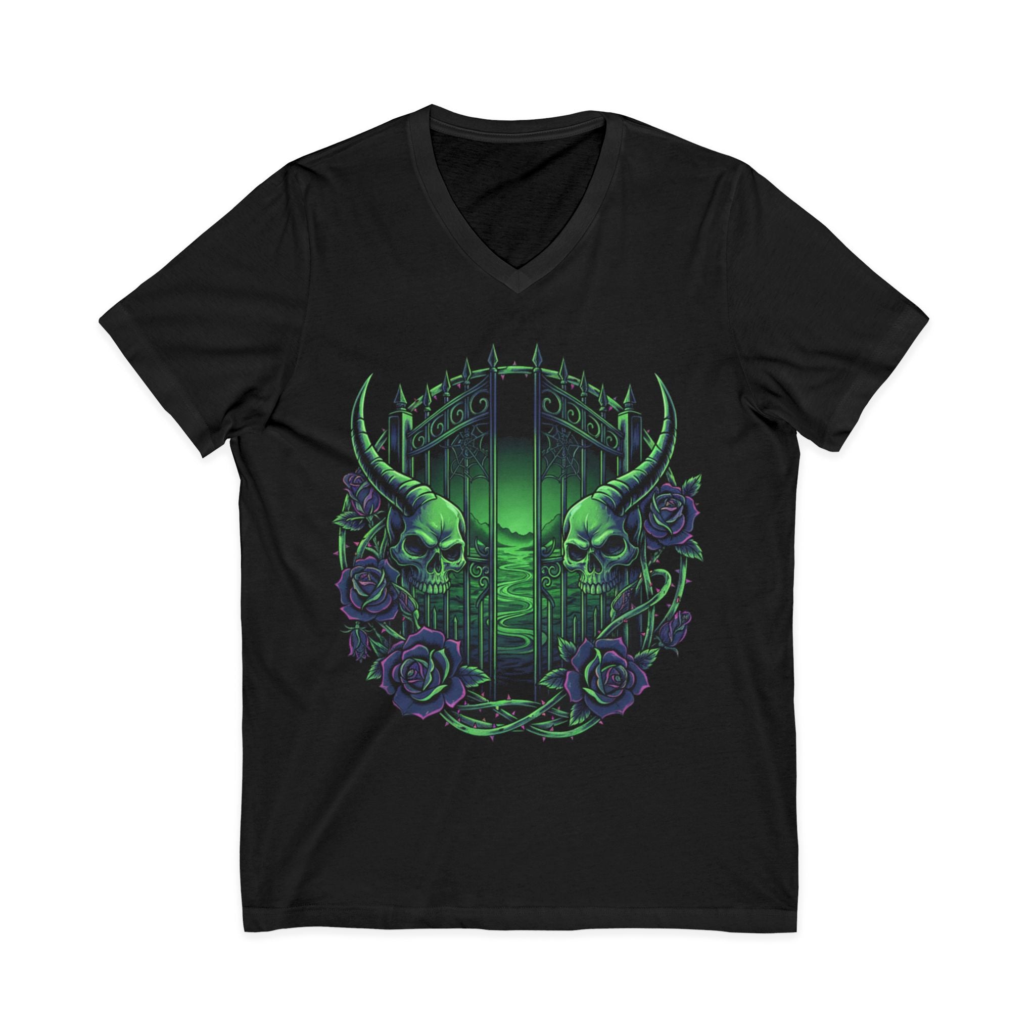 Gothic Gatekeeper V-Neck Tee — Green Skull Graveyard Design