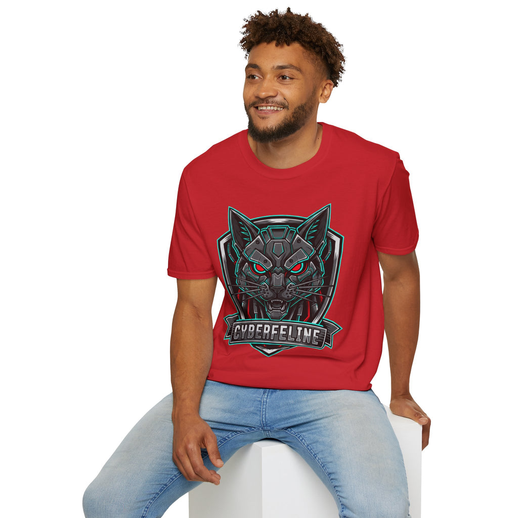 Cyber Wolf T-Shirt — Futuristic Neon Gamer Tee with 'Cyborg Feline' Badge