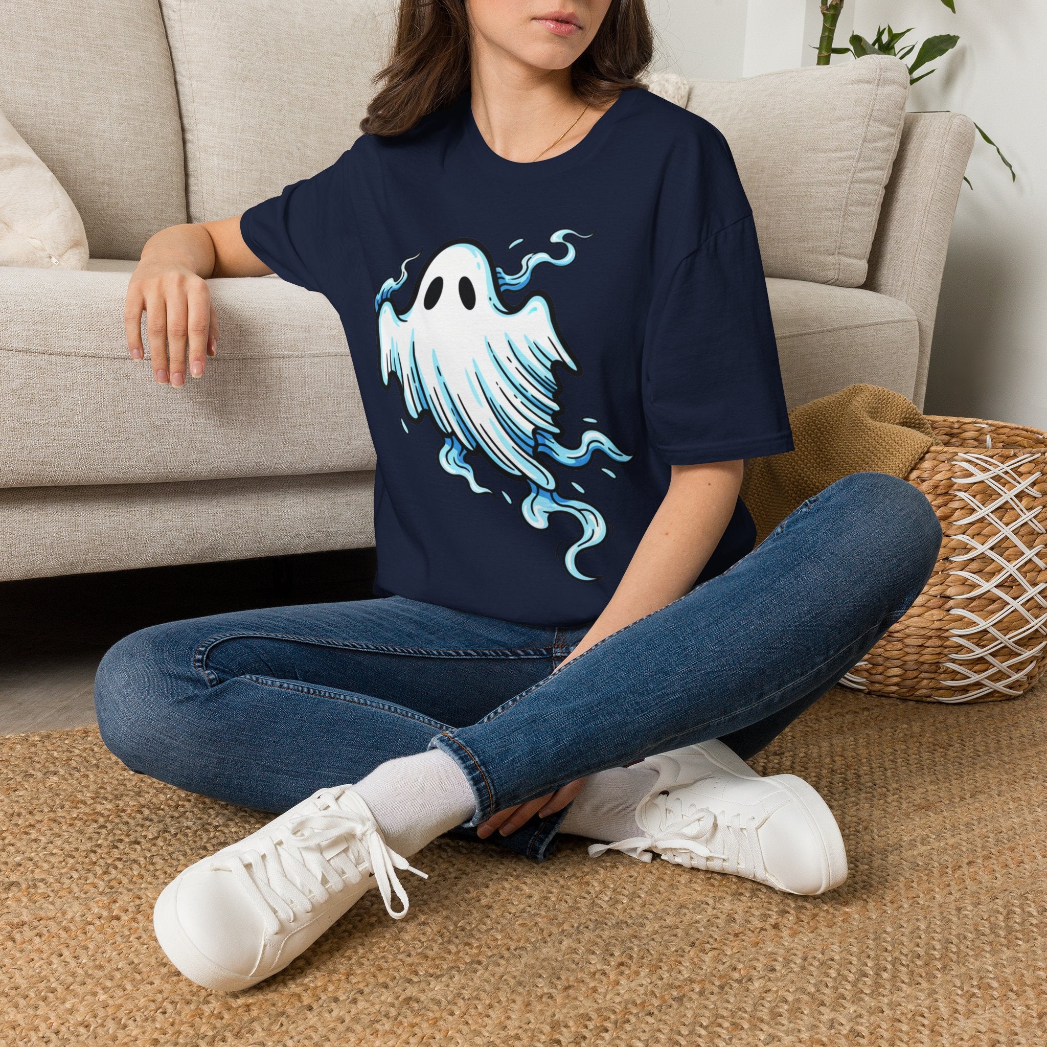 Ghost Graphic T-Shirt — Cute Blue Floating Ghost Halloween Tee