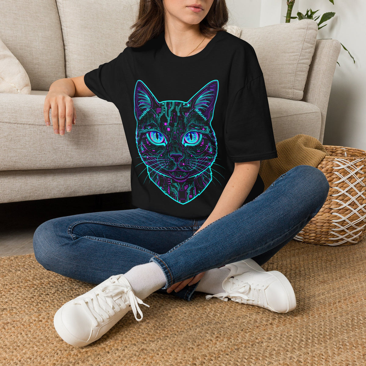 Cyber Circuit Cat T-Shirt — Neon Tech Cat Face Tee