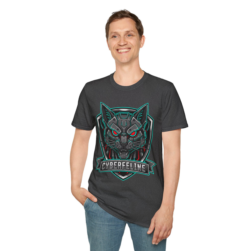 Cyber Wolf T-Shirt — Futuristic Neon Gamer Tee with 'Cyborg Feline' Badge