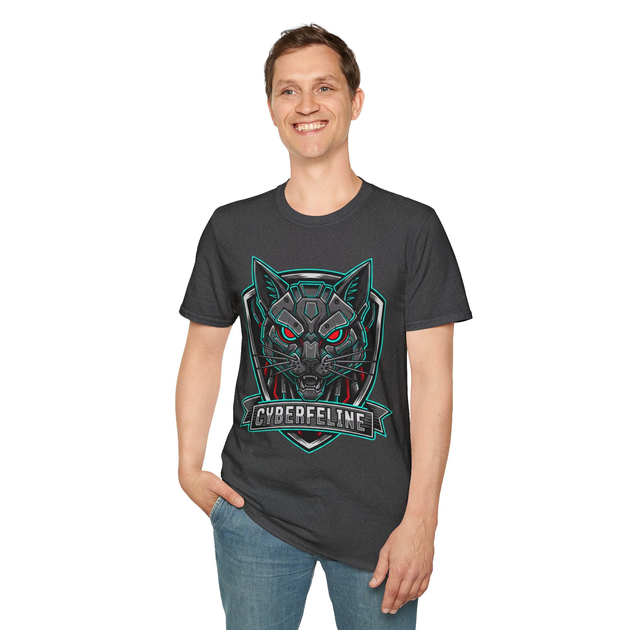 Cyber Wolf T-Shirt — Futuristic Neon Gamer Tee with 'Cyborg Feline' Badge