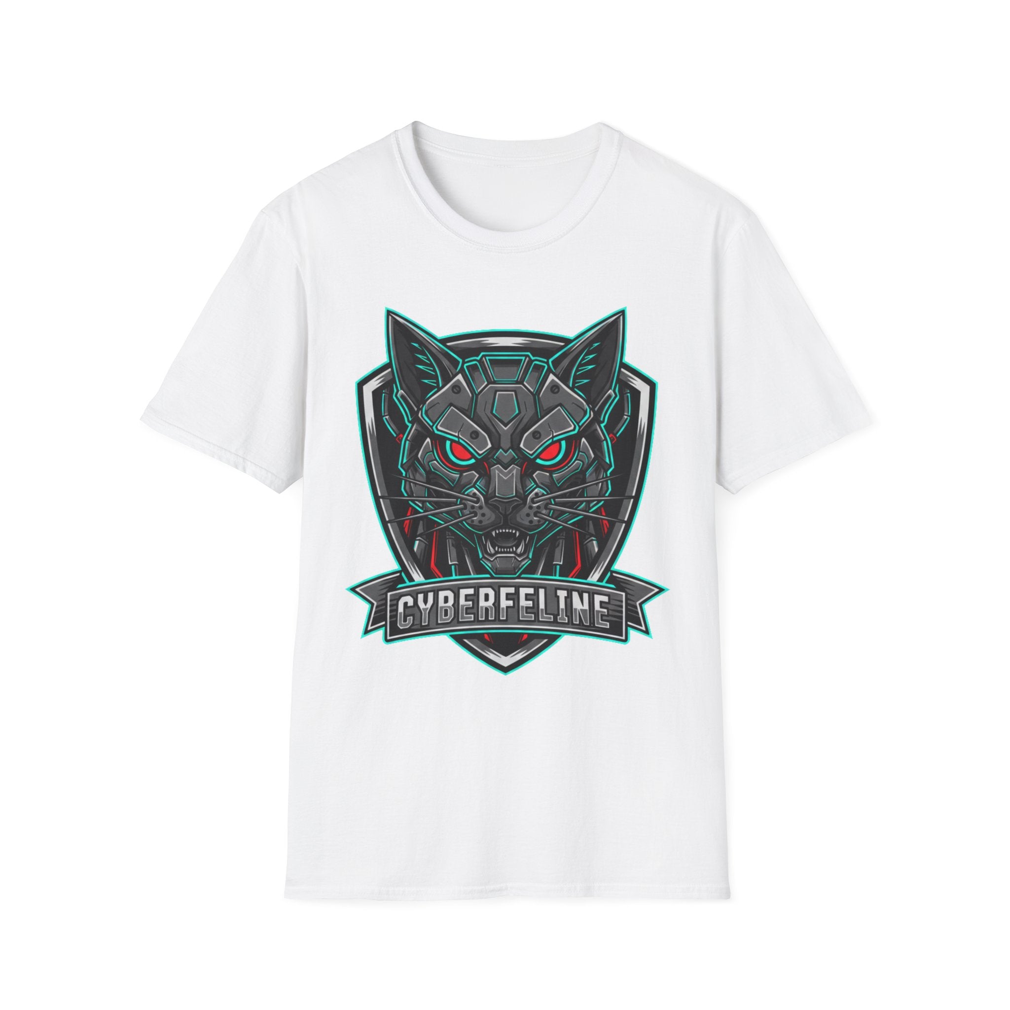 Cyber Wolf T-Shirt — Futuristic Neon Gamer Tee with 'Cyborg Feline' Badge