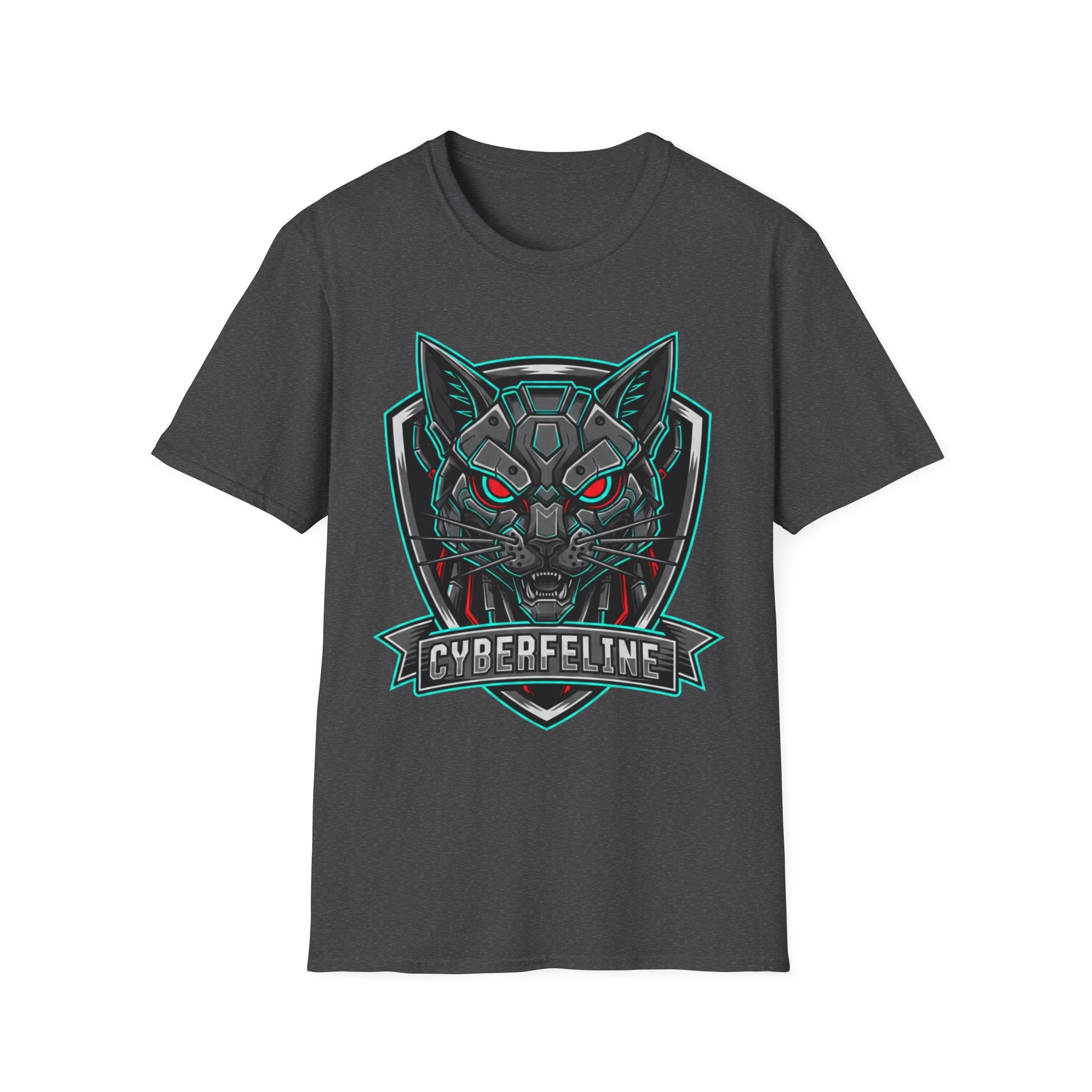 Cyber Wolf T-Shirt — Futuristic Neon Gamer Tee with 'Cyborg Feline' Badge