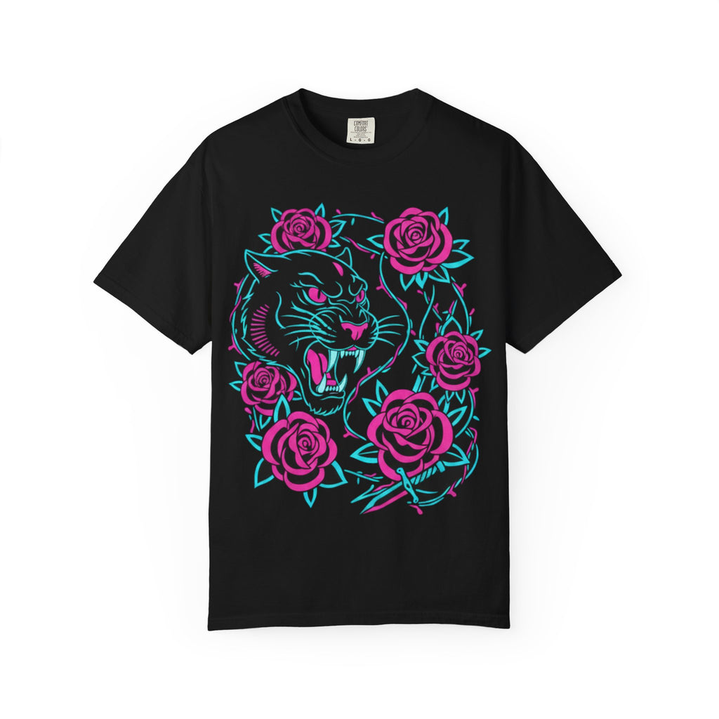 Tiger Skull & Roses T-shirt — Neon Floral Skate Style