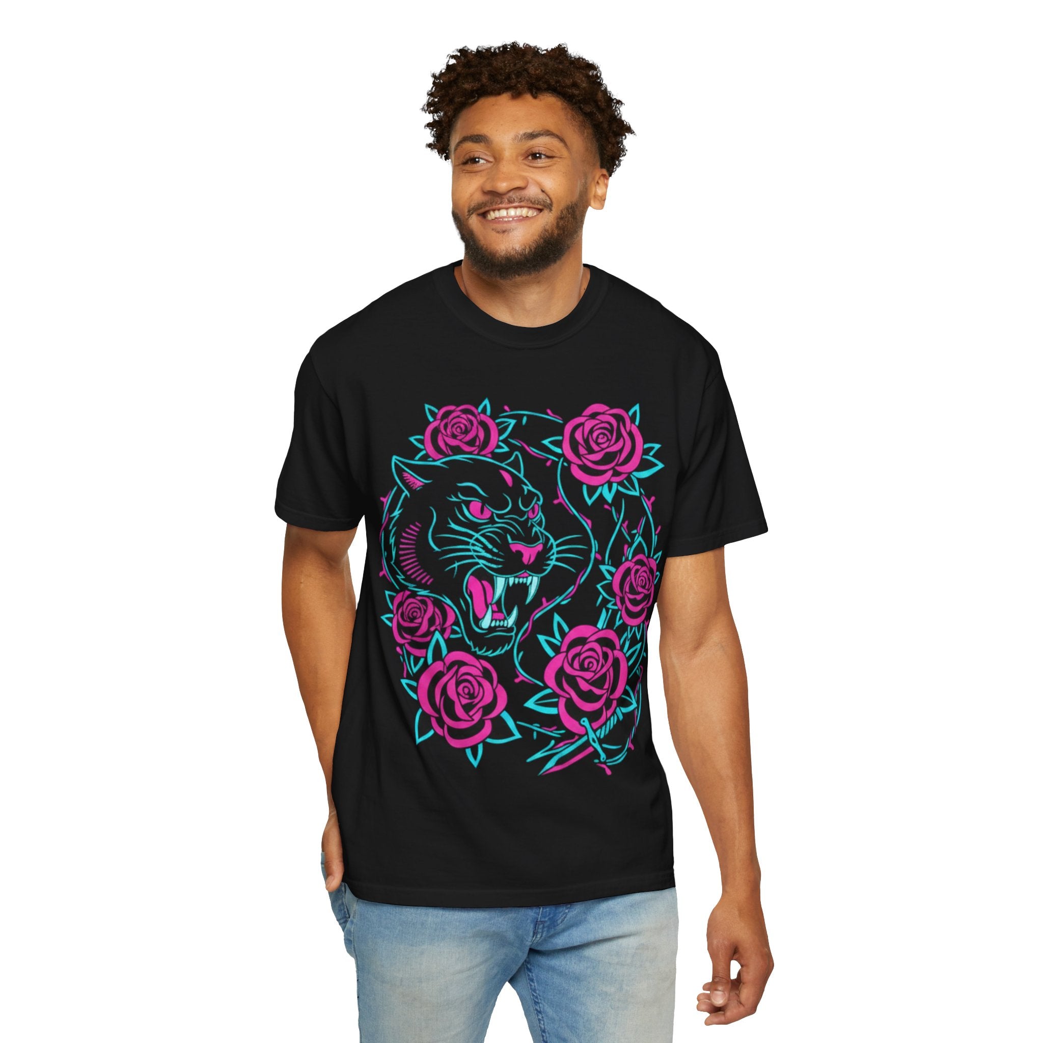 Tiger Skull & Roses T-shirt — Neon Floral Skate Style
