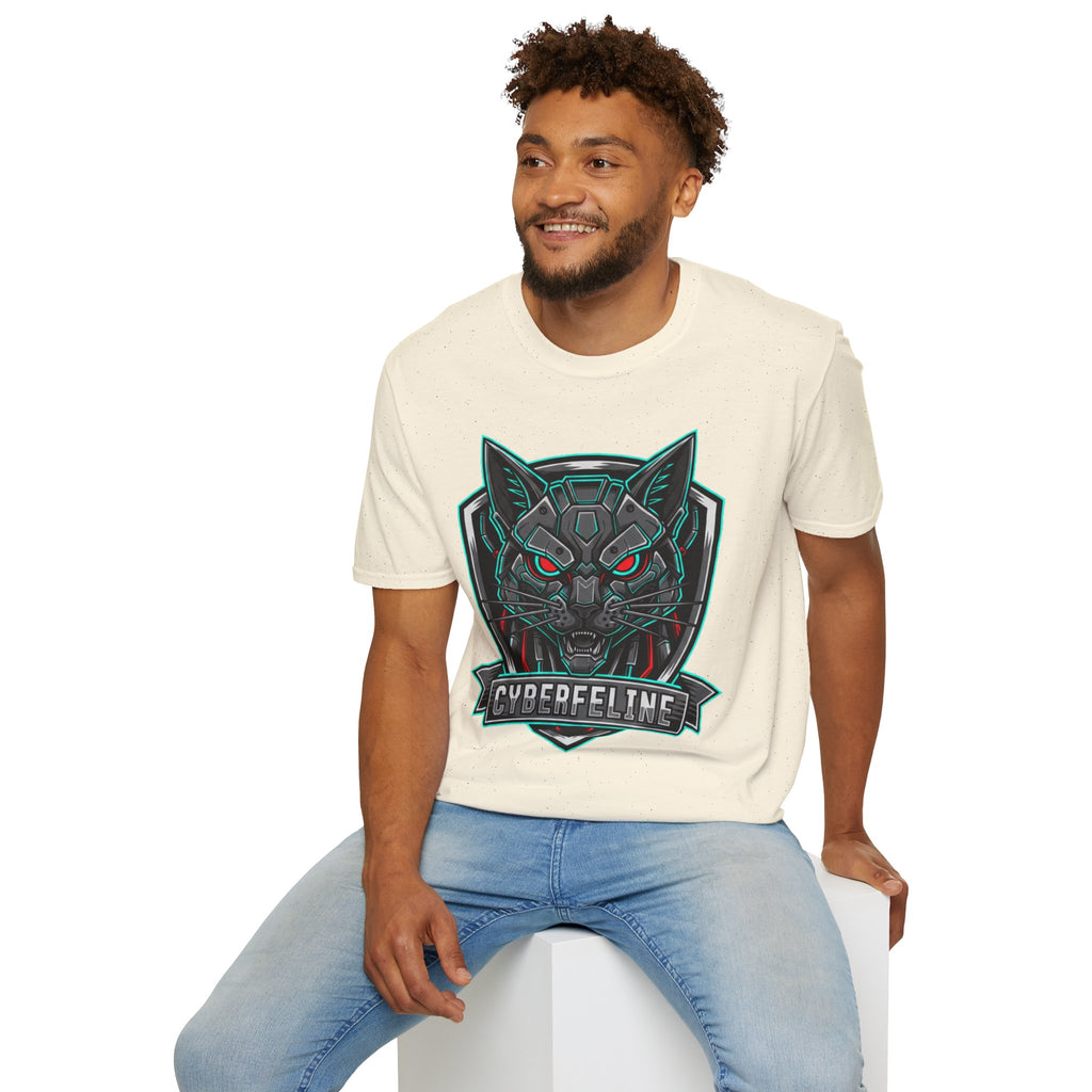 Cyber Wolf T-Shirt — Futuristic Neon Gamer Tee with 'Cyborg Feline' Badge