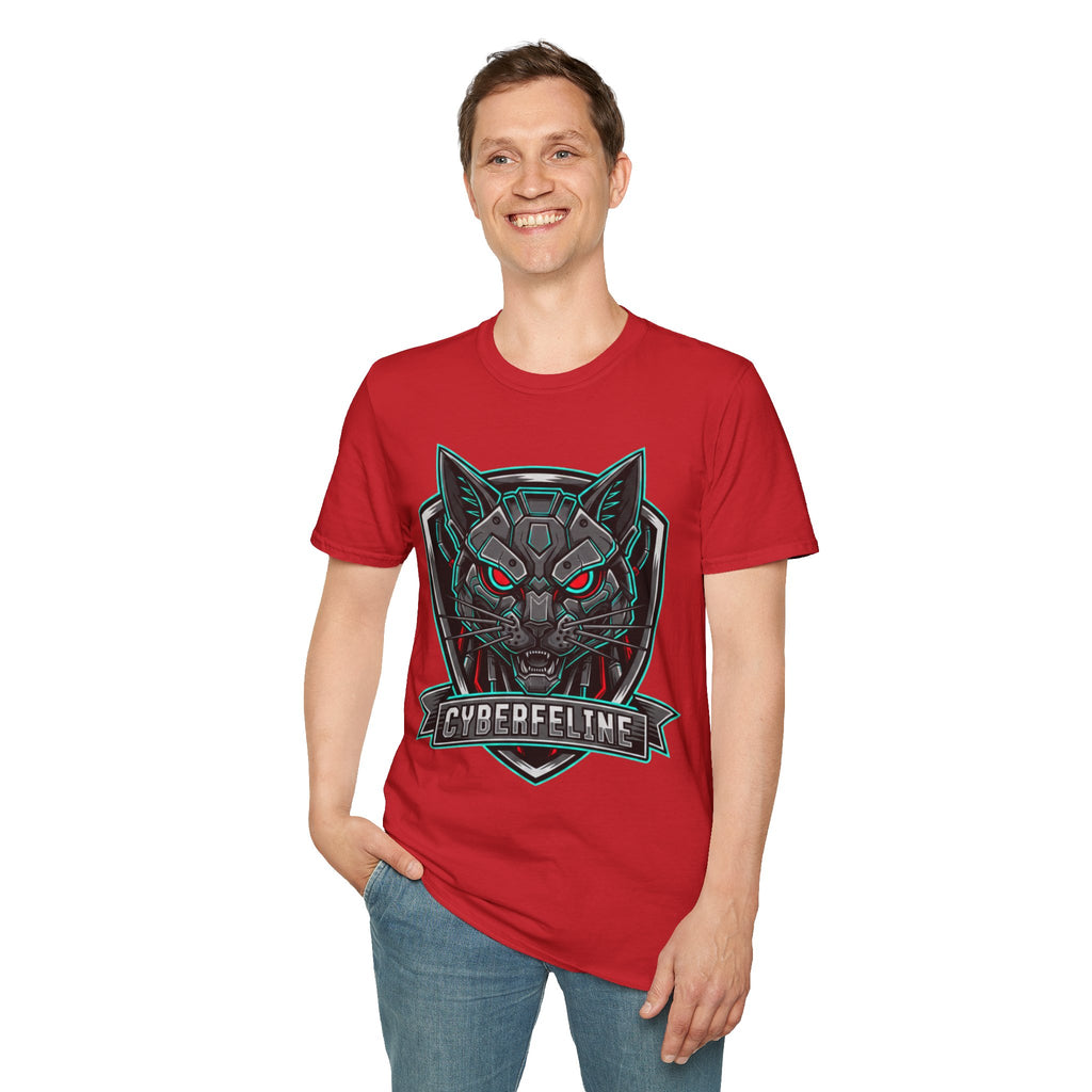 Cyber Wolf T-Shirt — Futuristic Neon Gamer Tee with 'Cyborg Feline' Badge
