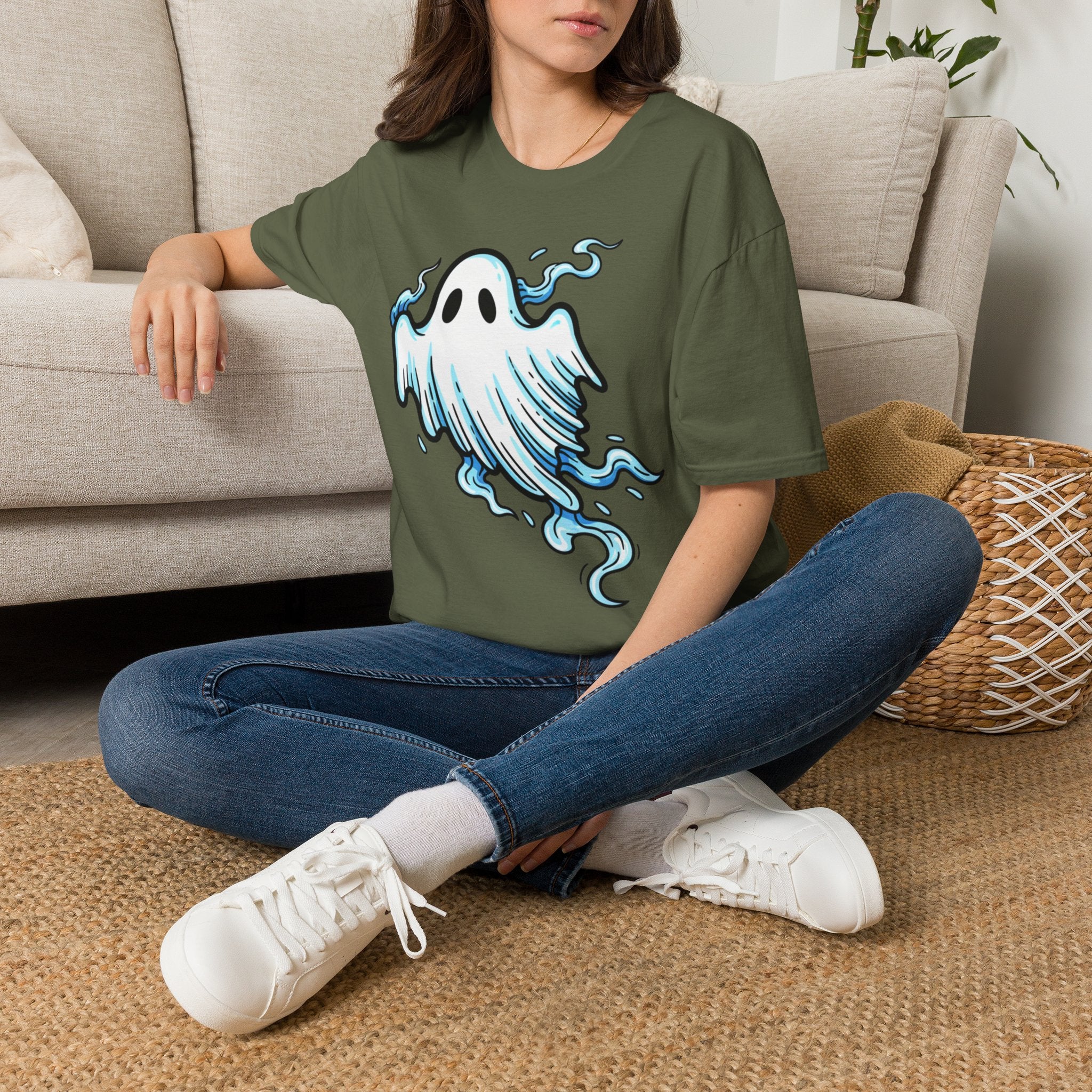 Ghost Graphic T-Shirt — Cute Blue Floating Ghost Halloween Tee