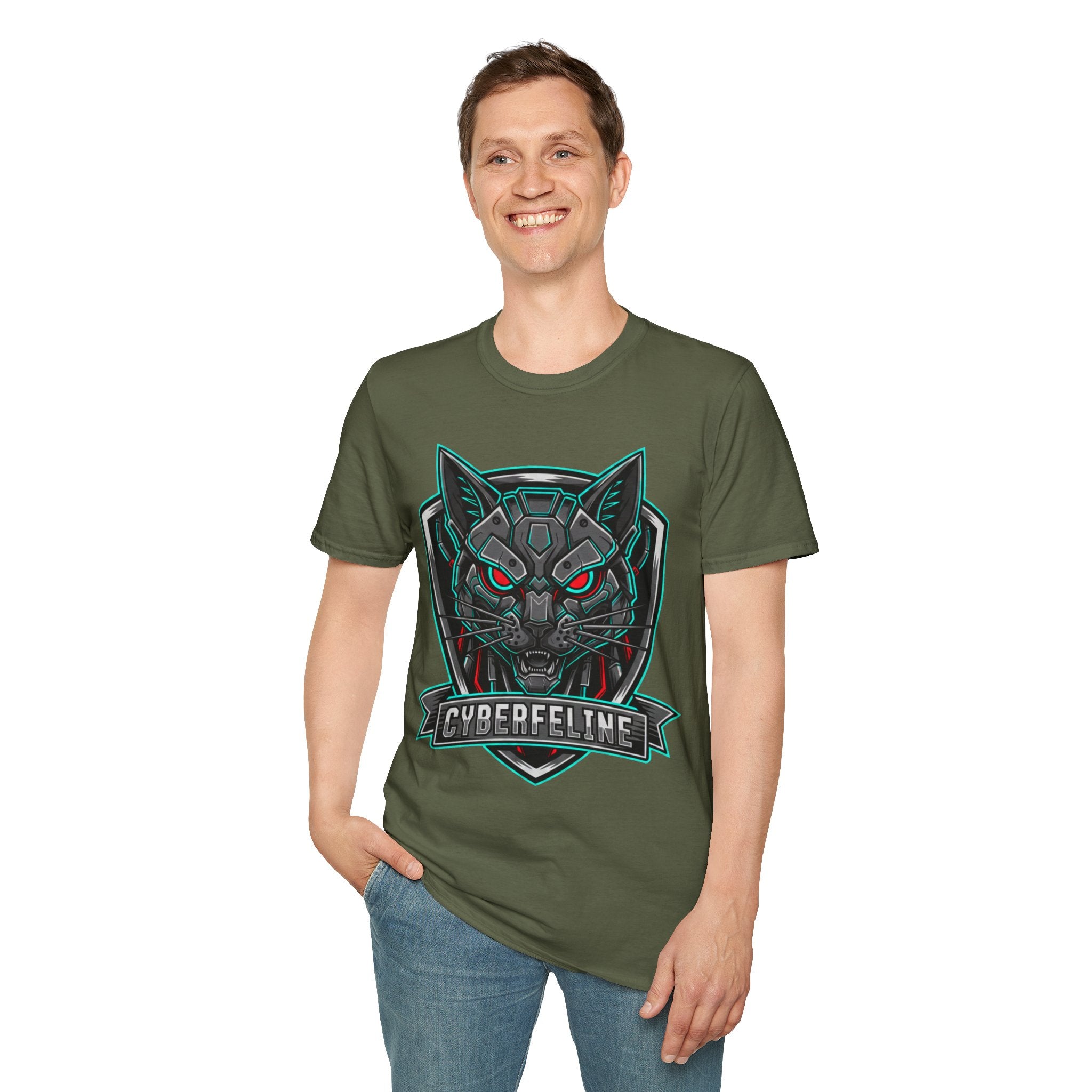 Cyber Wolf T-Shirt — Futuristic Neon Gamer Tee with 'Cyborg Feline' Badge