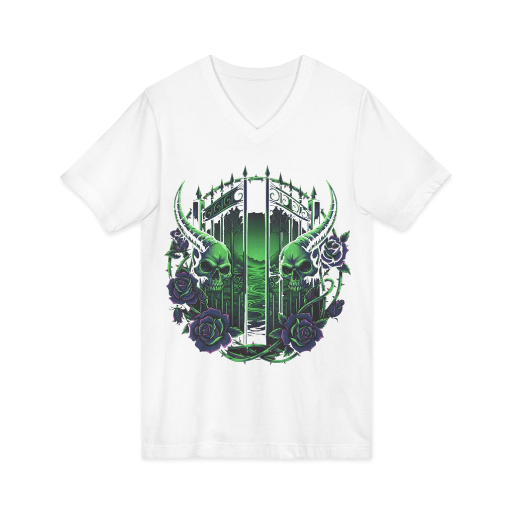 Gothic Gatekeeper V-Neck Tee — Green Skull Graveyard Design