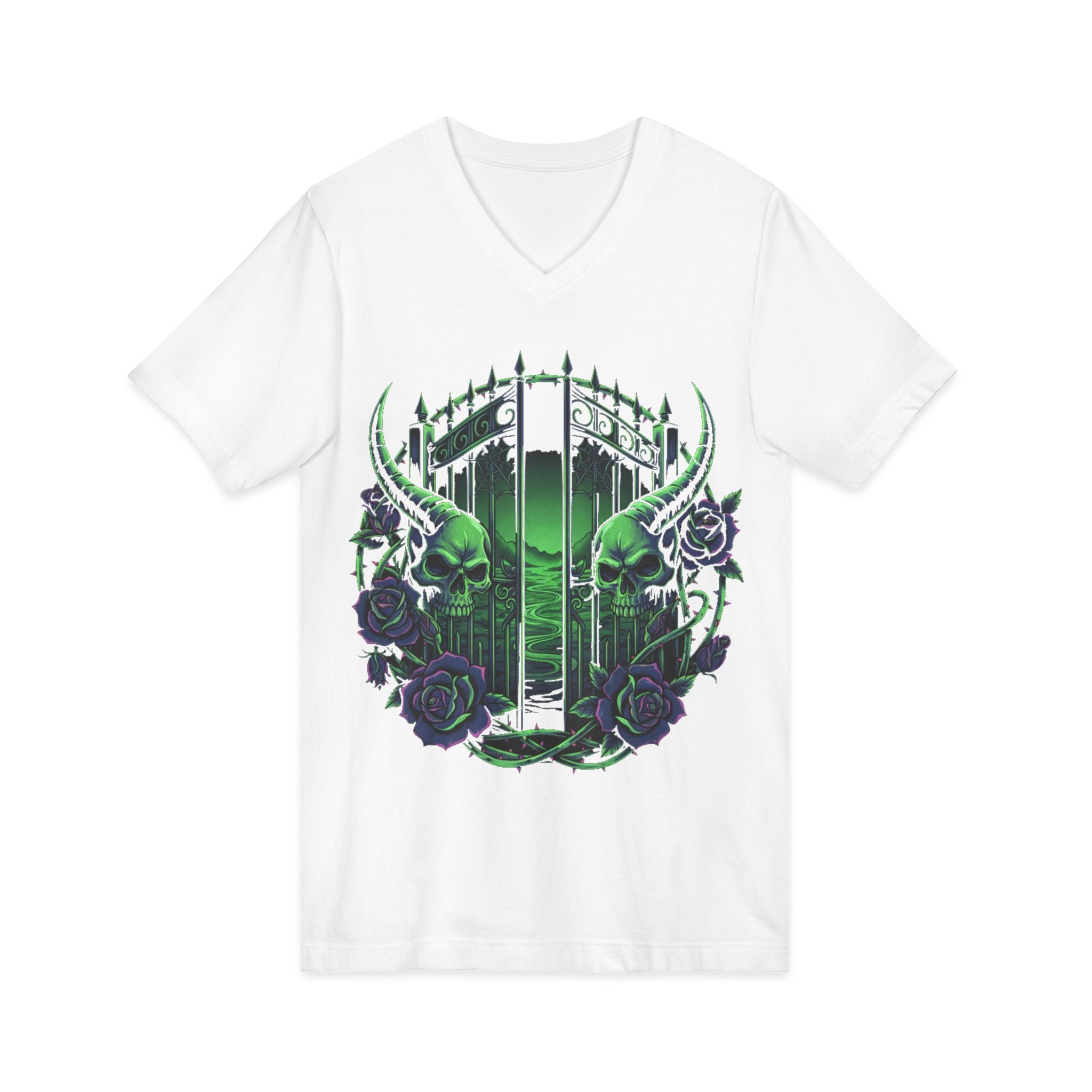 Gothic Gatekeeper V-Neck Tee — Green Skull Graveyard Design