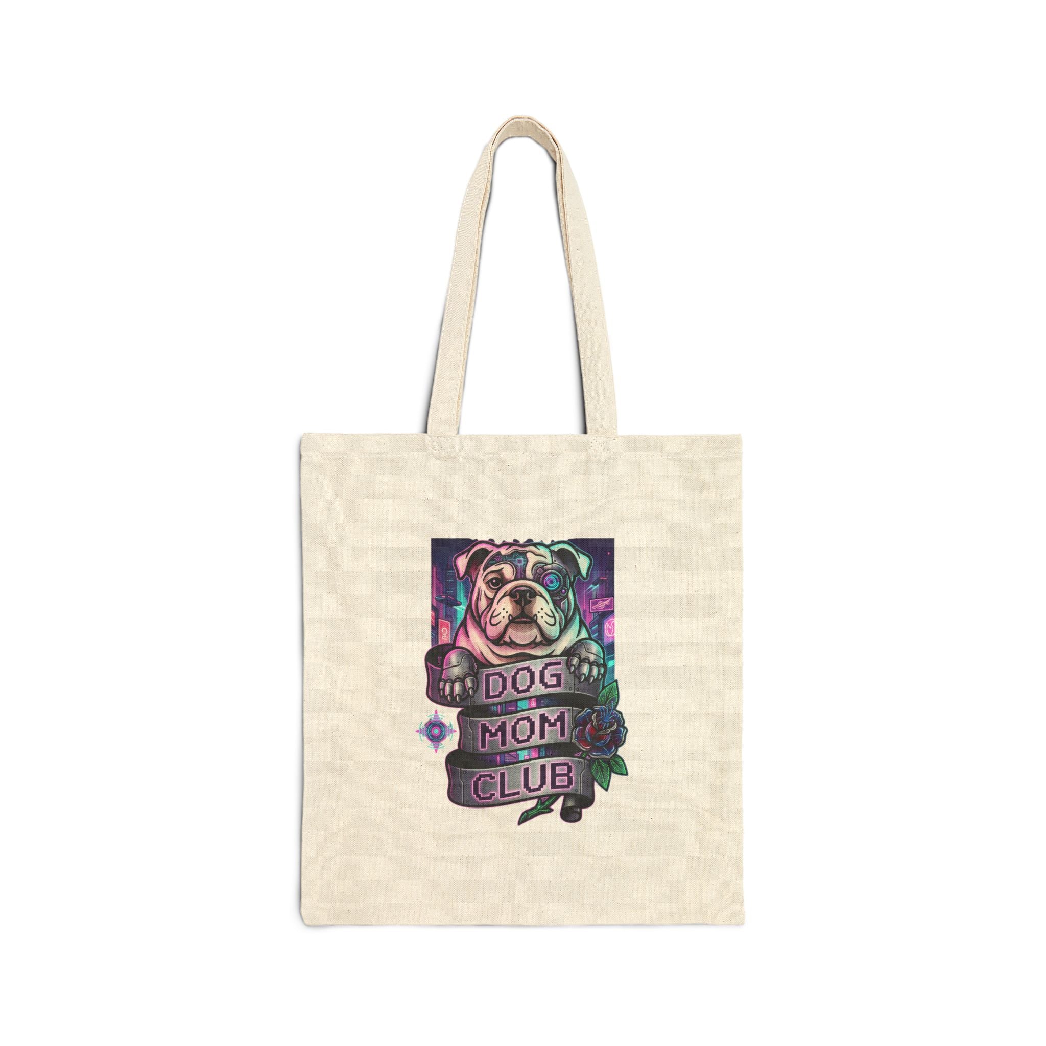 Dog Mom Club Tote | Traditional Tattoo-Inspired, Bulldog Banner Floral Design