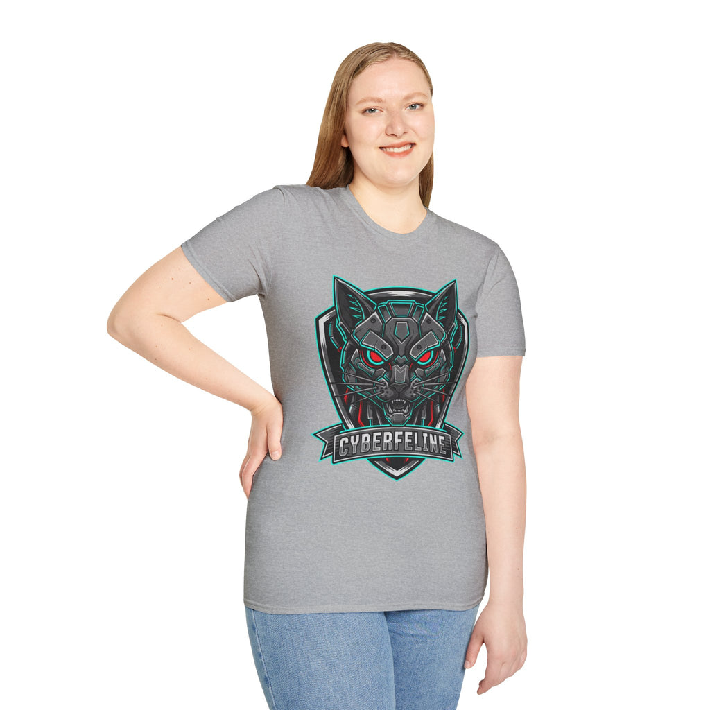 Cyber Wolf T-Shirt — Futuristic Neon Gamer Tee with 'Cyborg Feline' Badge