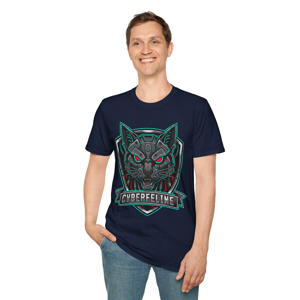 Cyber Wolf T-Shirt — Futuristic Neon Gamer Tee with 'Cyborg Feline' Badge