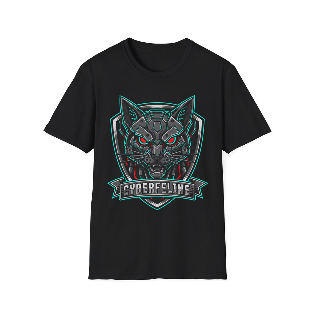 Cyber Wolf T-Shirt — Futuristic Neon Gamer Tee with 'Cyborg Feline' Badge