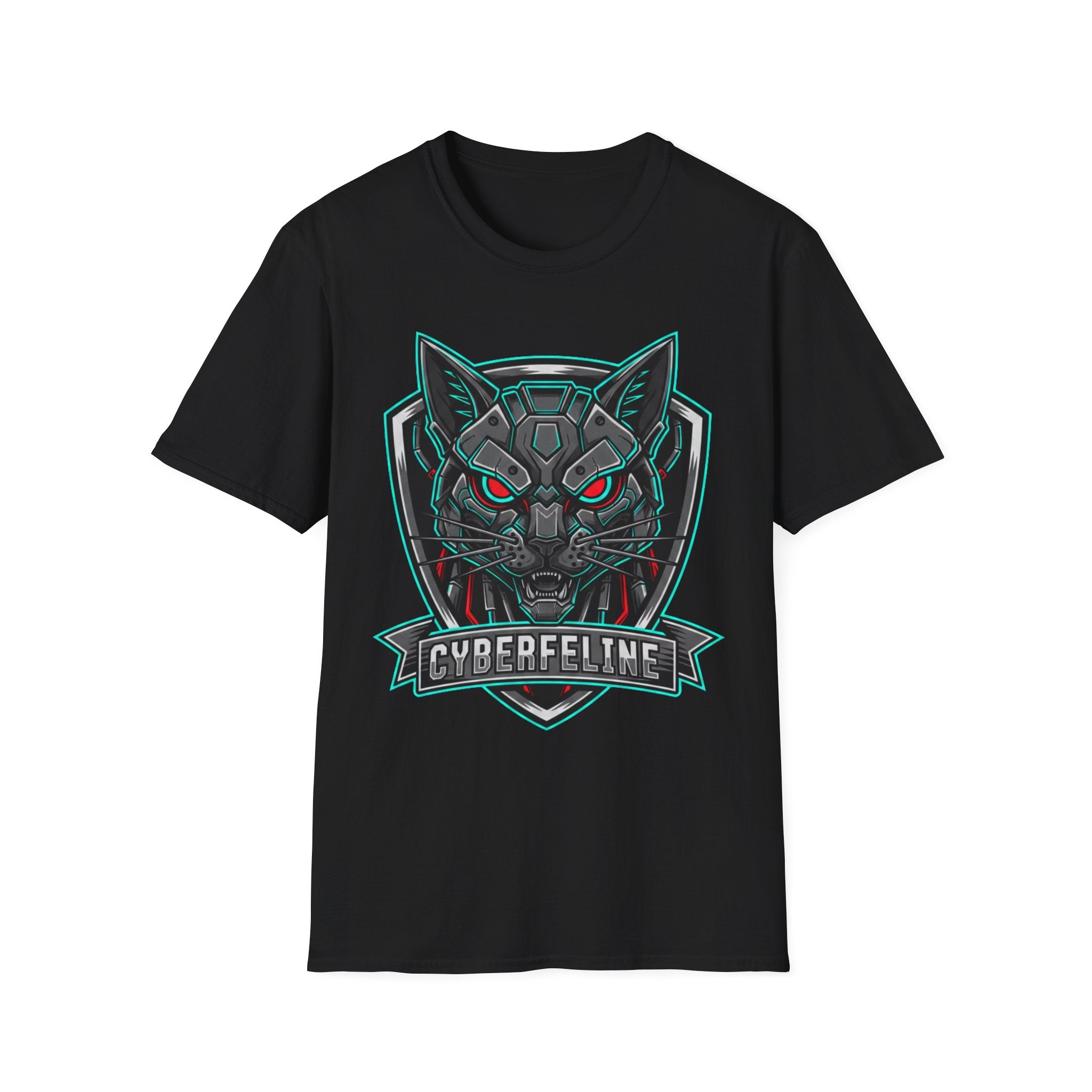 Cyber Wolf T-Shirt — Futuristic Neon Gamer Tee with 'Cyborg Feline' Badge