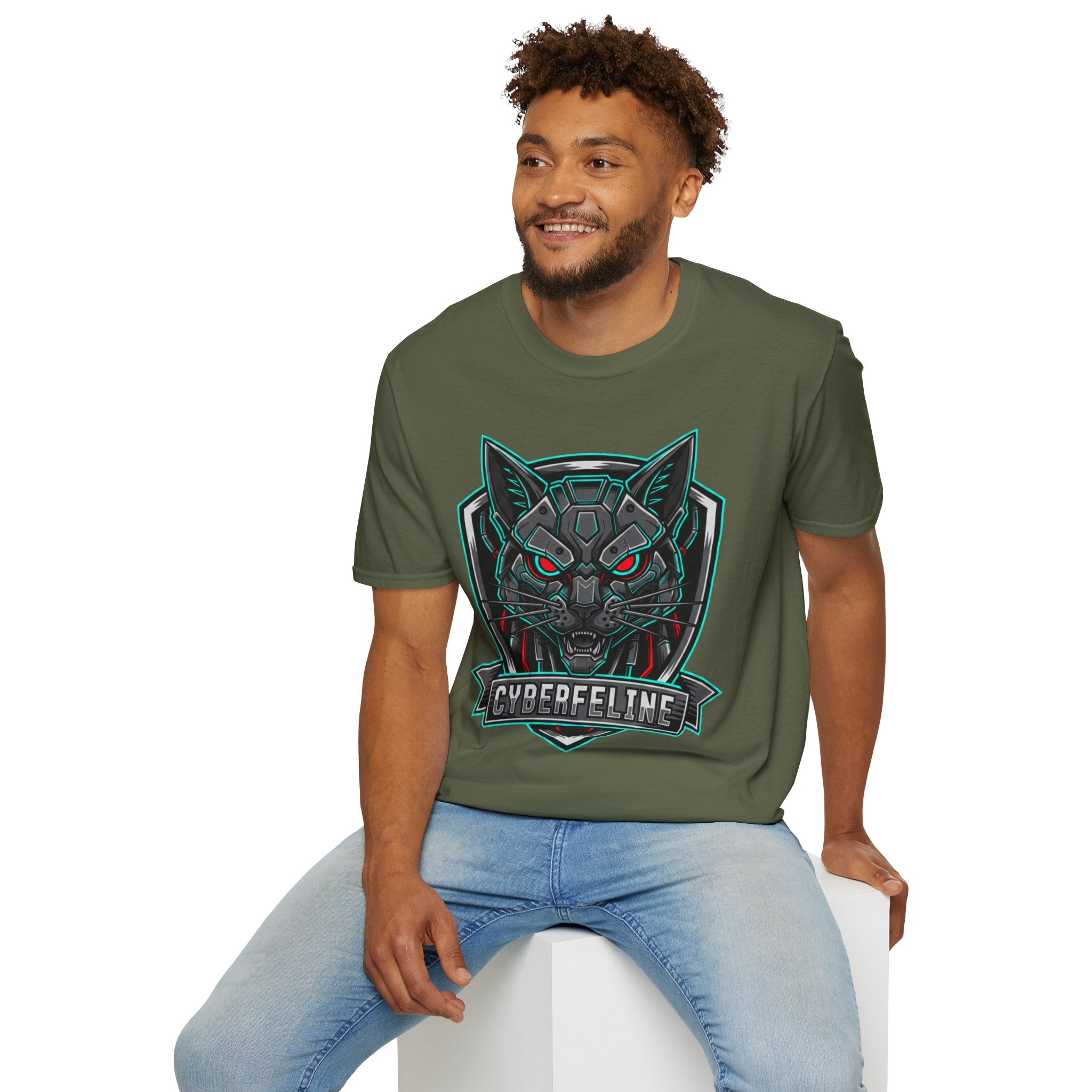 Cyber Wolf T-Shirt — Futuristic Neon Gamer Tee with 'Cyborg Feline' Badge