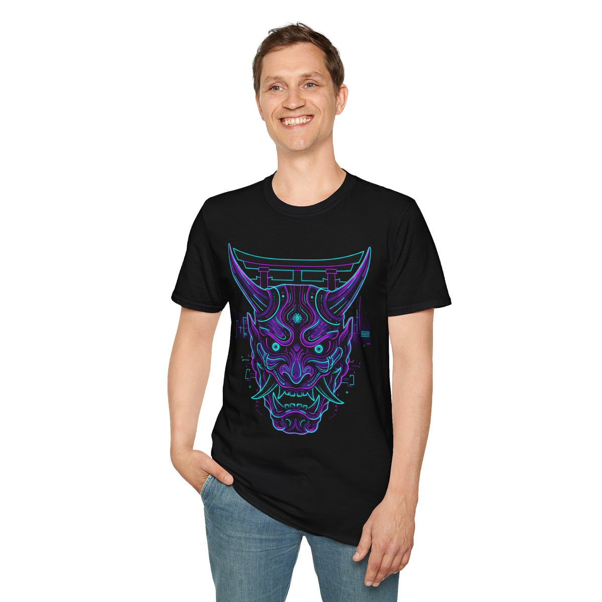 Demon Oni Torii T-Shirt — Neon Japanese Mask Graphic Tee