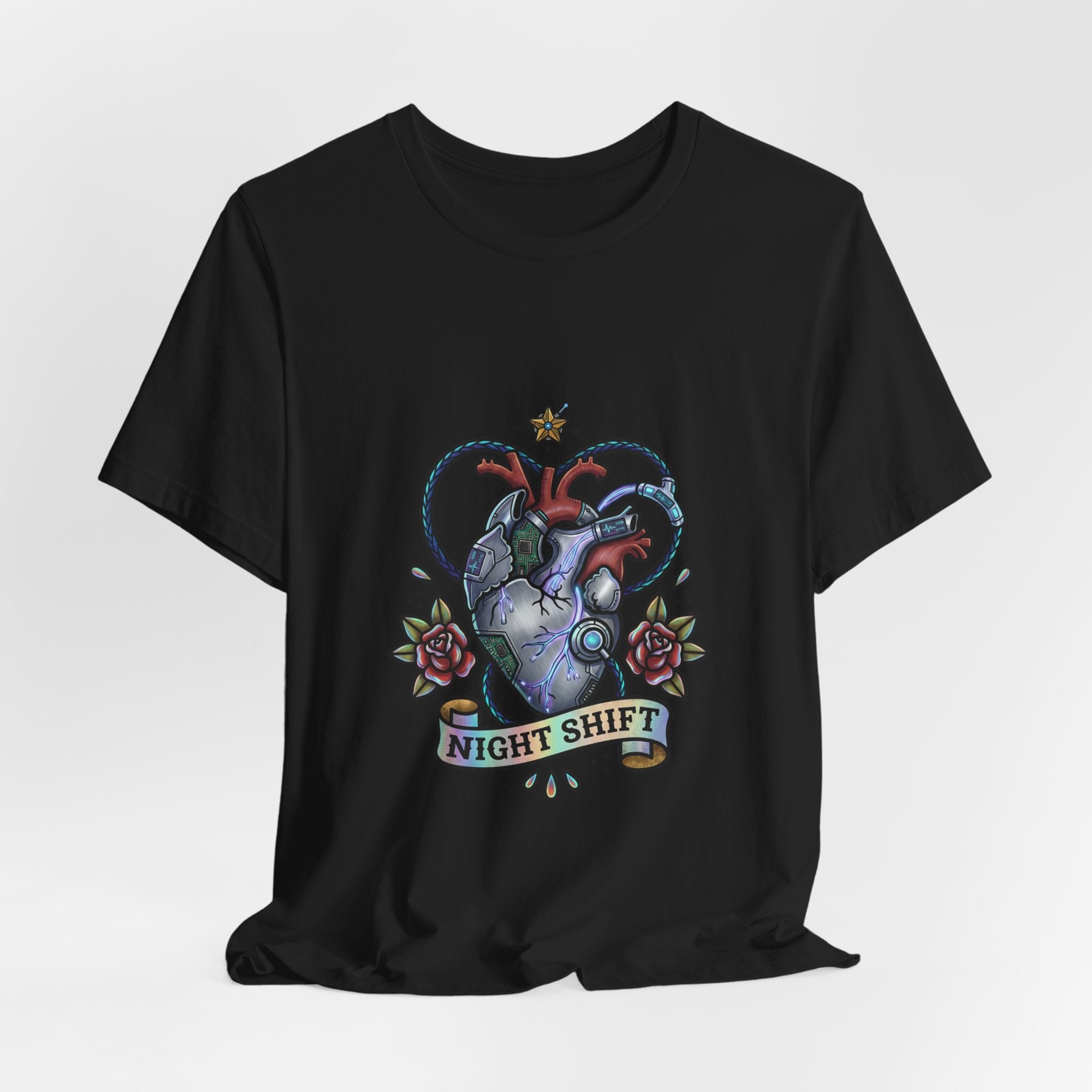 Night Shift Anatomical Heart T-Shirt | Traditional Tattoo Floral Banner