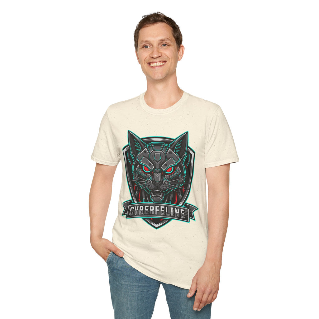Cyber Wolf T-Shirt — Futuristic Neon Gamer Tee with 'Cyborg Feline' Badge