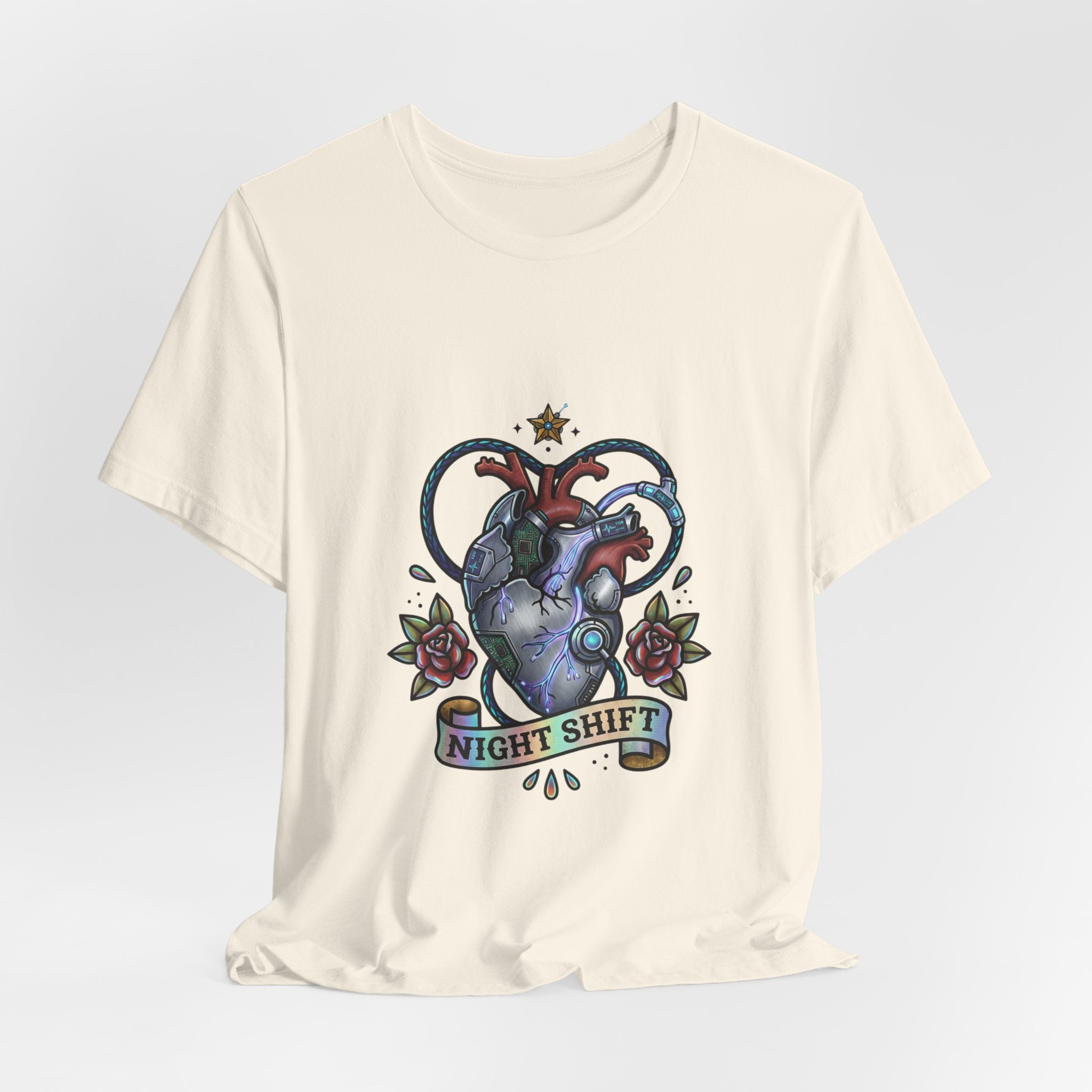 Night Shift Anatomical Heart T-Shirt | Traditional Tattoo Floral Banner