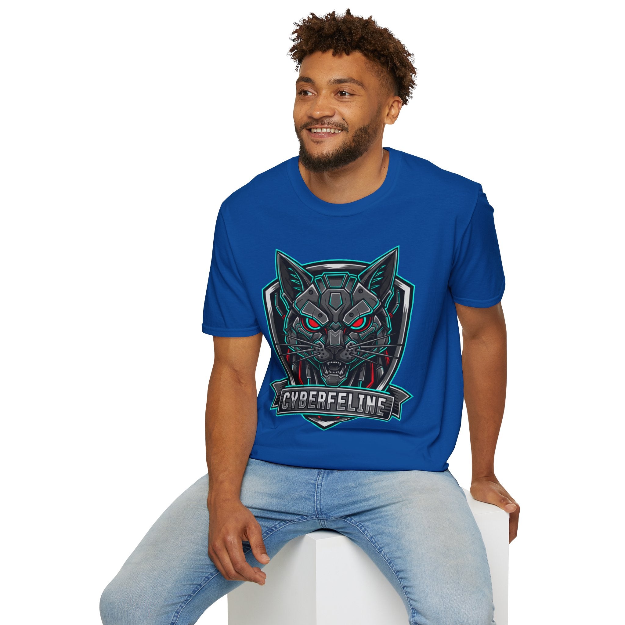 Cyber Wolf T-Shirt — Futuristic Neon Gamer Tee with 'Cyborg Feline' Badge