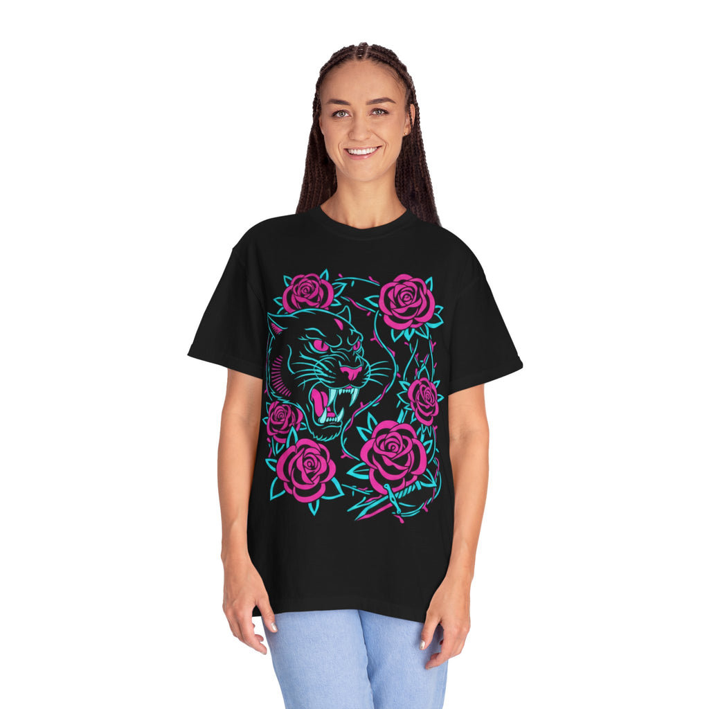 Tiger Skull & Roses T-shirt — Neon Floral Skate Style