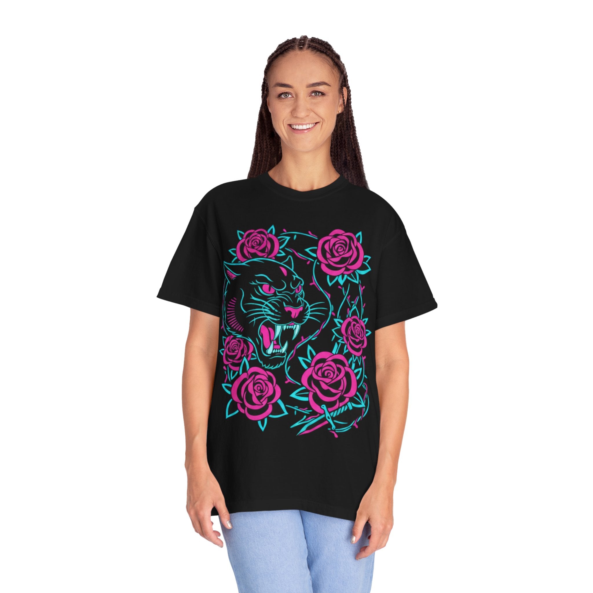 Tiger Skull & Roses T-shirt — Neon Floral Skate Style