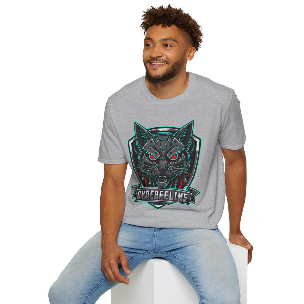 Cyber Wolf T-Shirt — Futuristic Neon Gamer Tee with 'Cyborg Feline' Badge