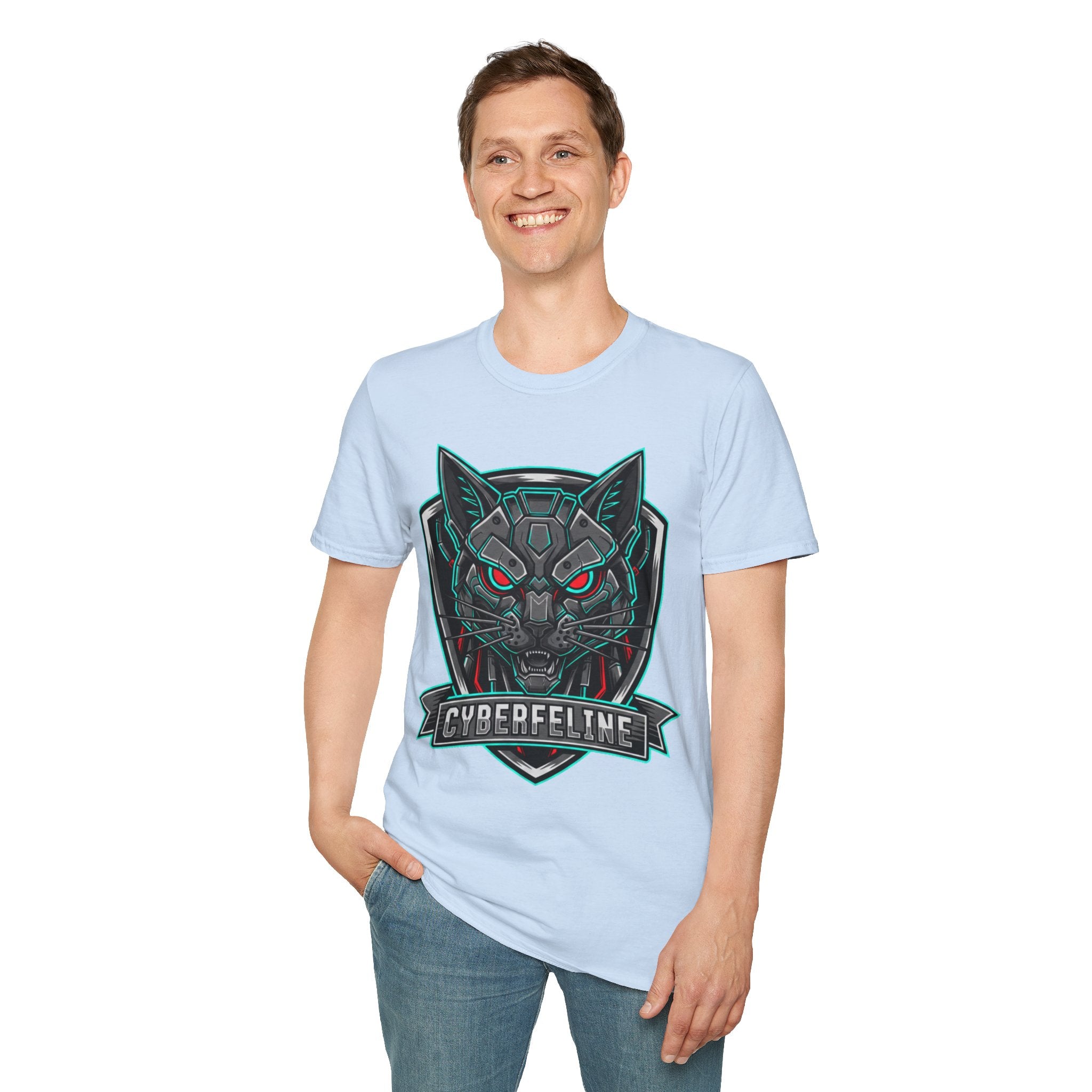 Cyber Wolf T-Shirt — Futuristic Neon Gamer Tee with 'Cyborg Feline' Badge