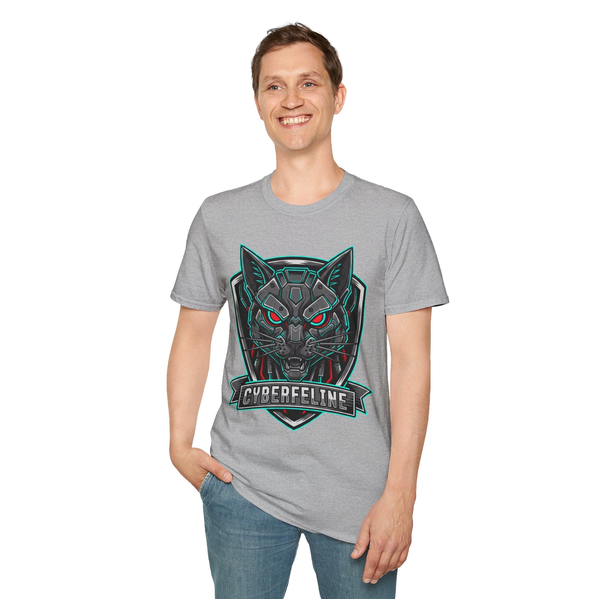 Cyber Wolf T-Shirt — Futuristic Neon Gamer Tee with 'Cyborg Feline' Badge