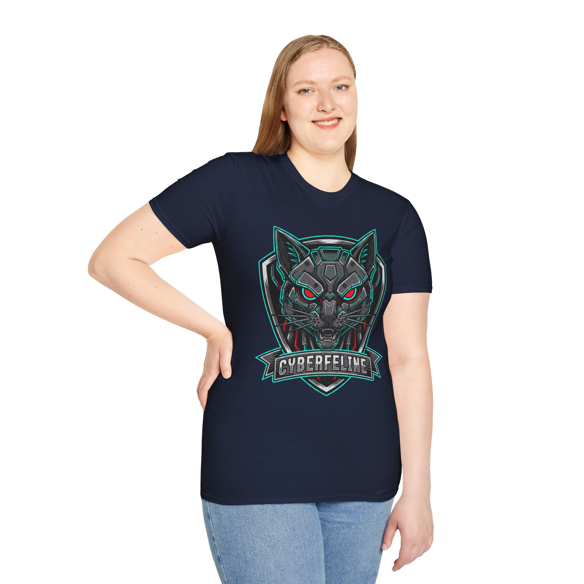 Cyber Wolf T-Shirt — Futuristic Neon Gamer Tee with 'Cyborg Feline' Badge